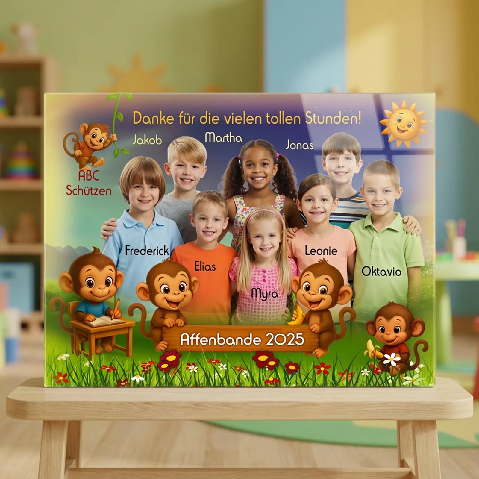 Acrylglas Bild im Kindergarten – personalisiertes Gruppenfoto mit Kindern zum Motto „Affenbande“, Schulanfänger 2025, mit Namen und passenden Affen-Illustrationen als Abschiedsgeschenk für Erzieherinnen.