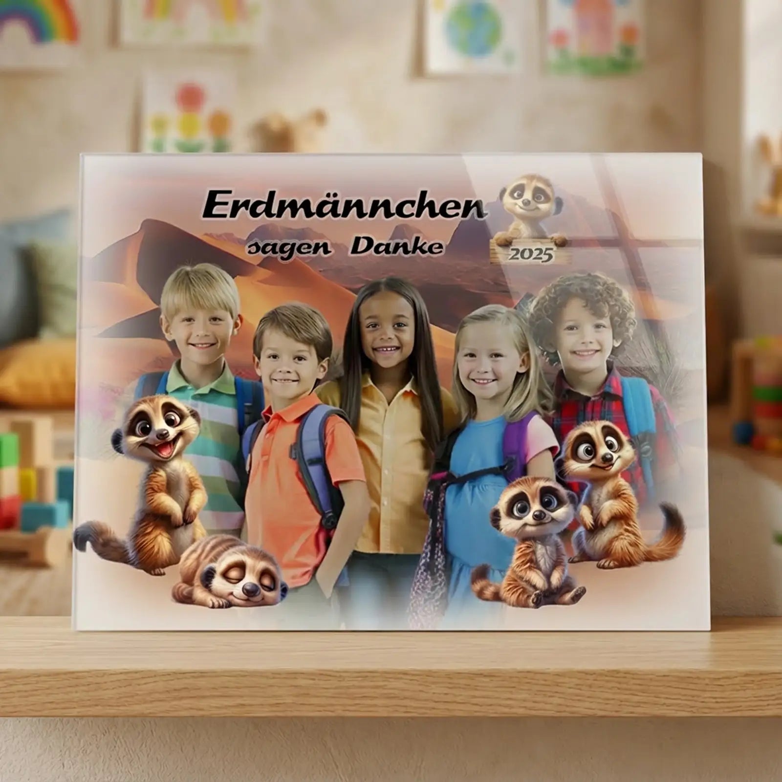 Acrylglas Bild im Kindergarten – personalisiertes Gruppenfoto mit Kindern zum Motto „Erdmännchen“, Schulanfänger 2025, mit niedlichen Erdmännchen-Illustrationen als Abschiedsgeschenk für Erzieherinnen.