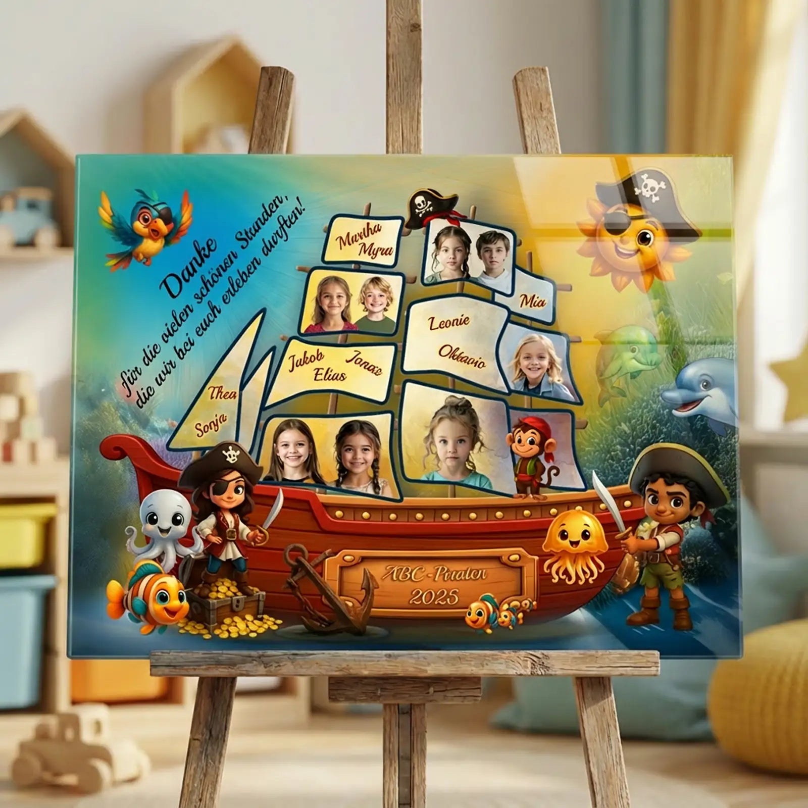 Personalisierte Kindergarten-Collage als Piratenmotiv auf Acrylglas, gestaltet aus einzeln eingesandten Kinderfotos mit Namen, Jahreszahl 2025 und farbenfrohen Illustrationen – perfektes Geschenk zum Kita-Abschied.