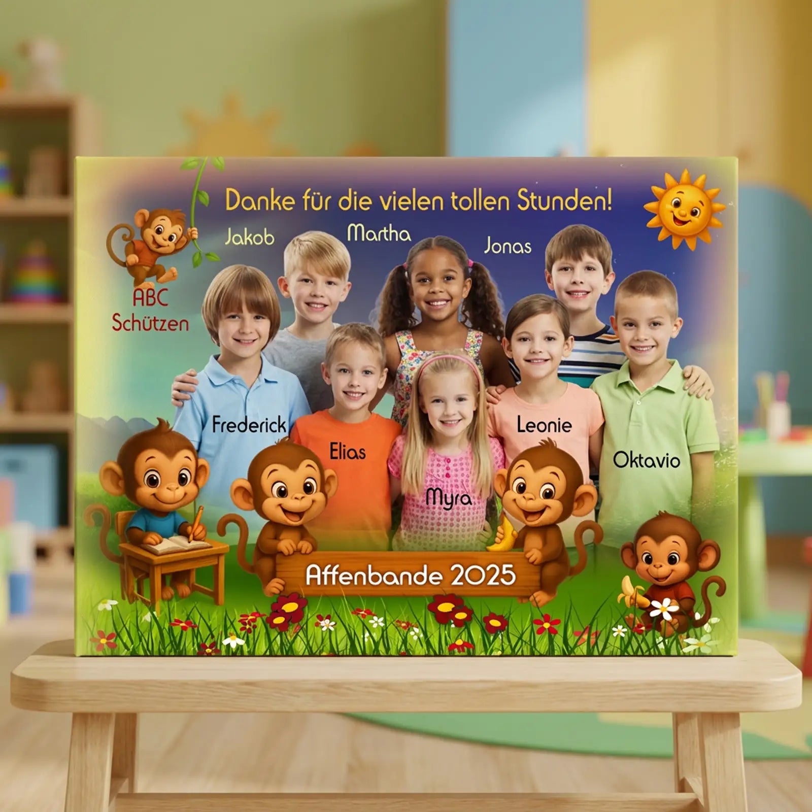 Abschlussfoto Kindergruppe mit passenden Tierfiguren zum Namen der Gruppe auf personalisierter Leinwand im Kindergarten
