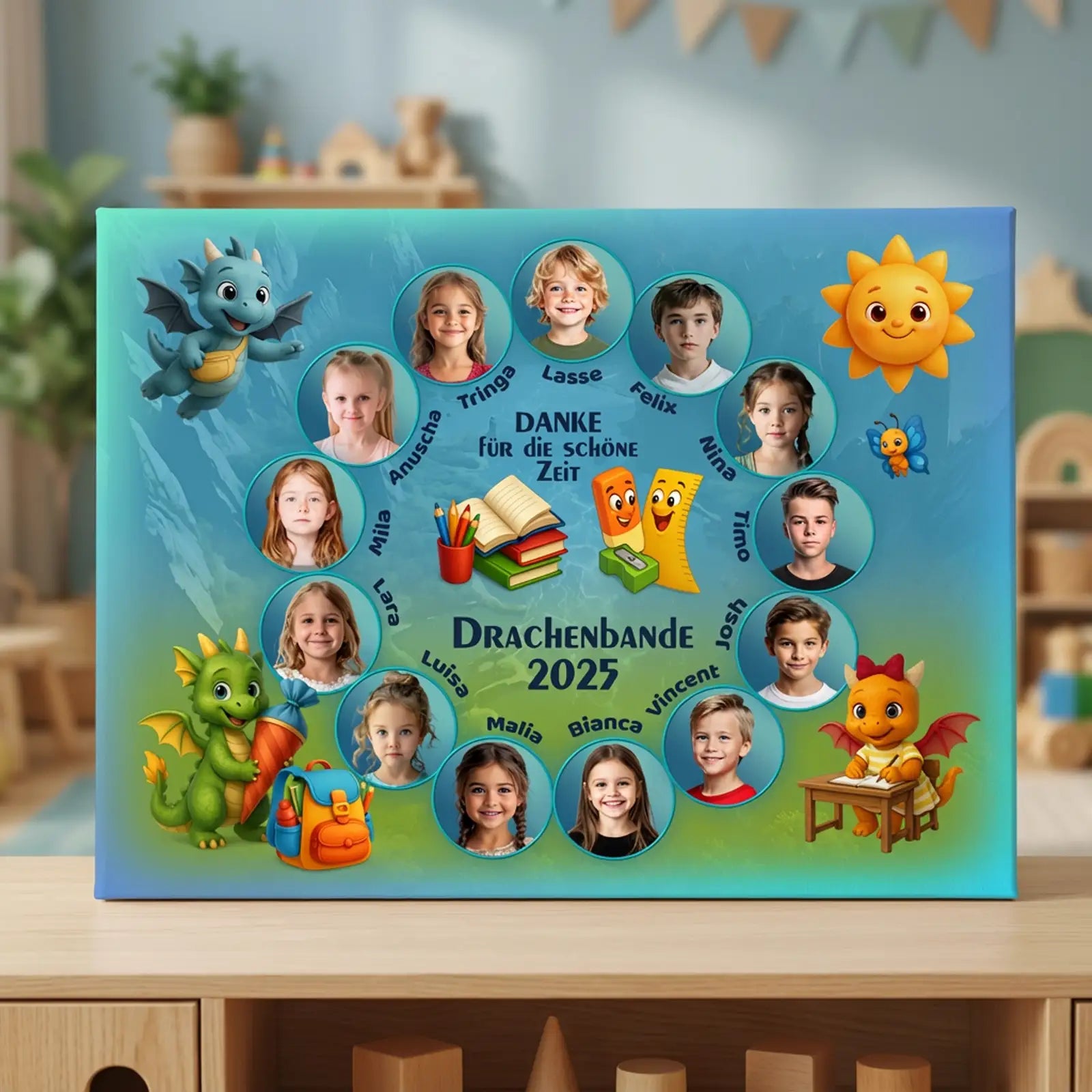 Personalisierte Gruppenleinwand für den Kitaabschied, kombiniert aus Kinderbildern, Namen und Widmung für Erzieherinnen