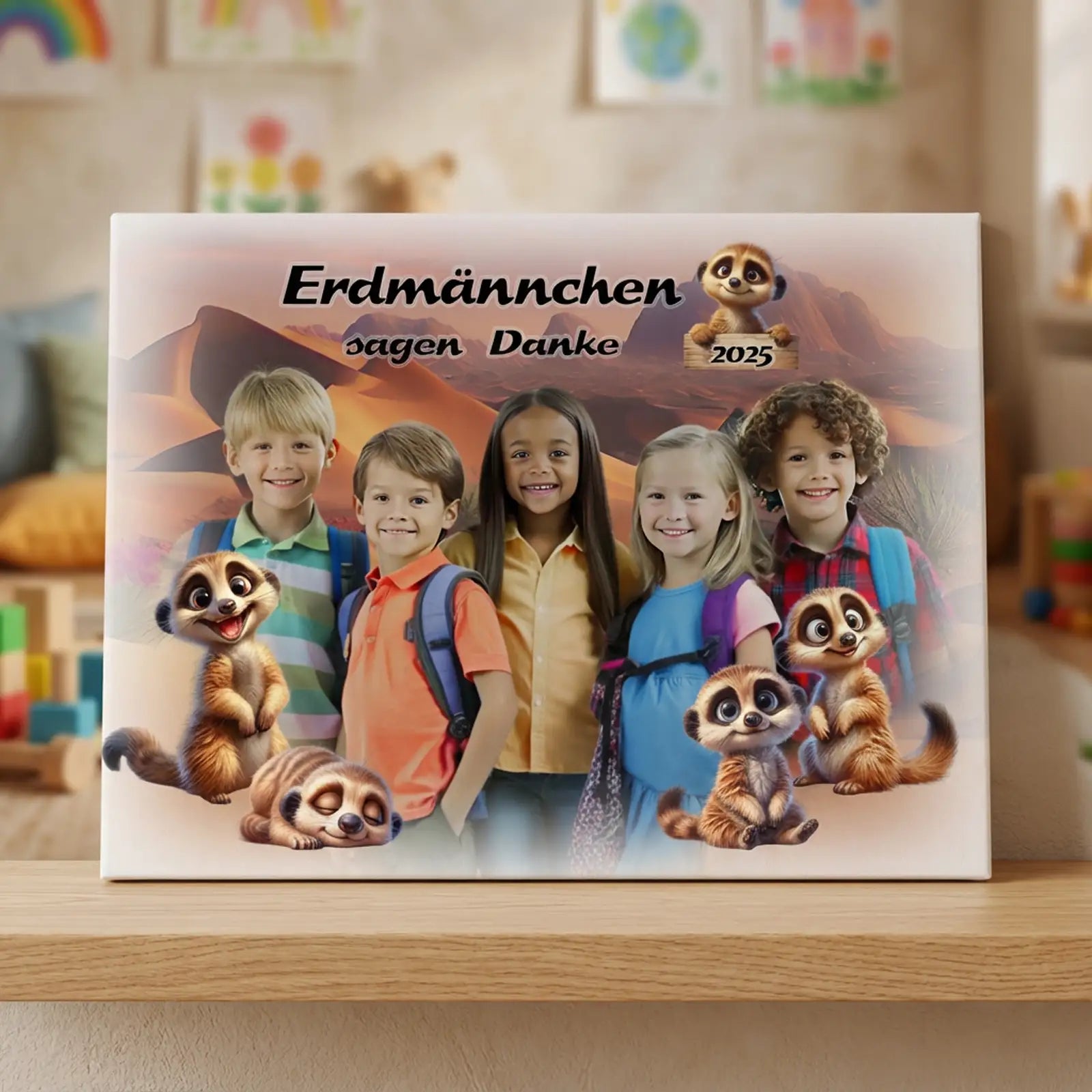 Personalisiertes Kindergruppenfoto mit Erdmännchen-Motiv als Geschenk zum Kindergarten-Abschied