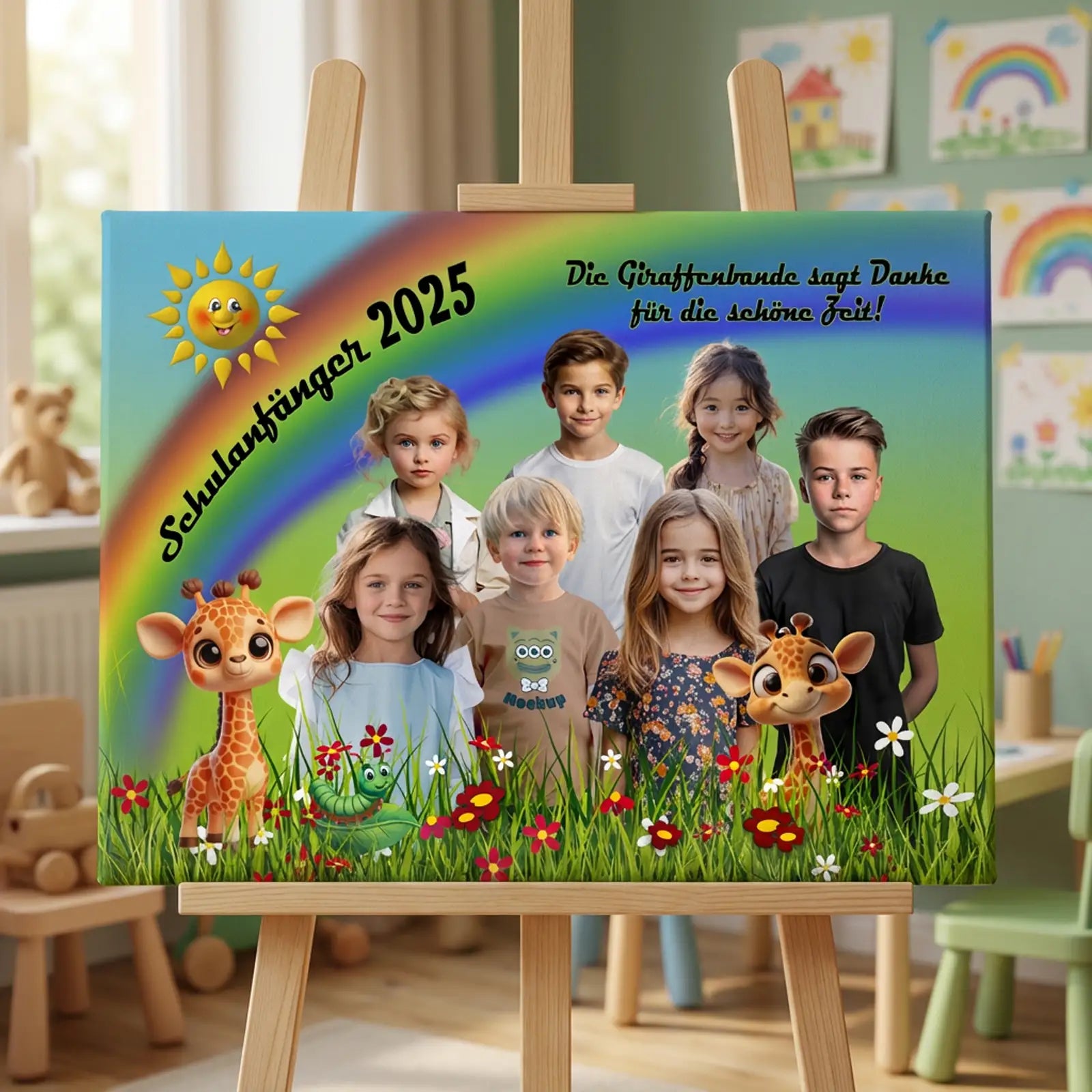 Gruppenfoto Kindergarten Giraffe mit Regenbogen, Tieren und Jahreszahl 2025 auf personalisierter Leinwand im Gruppenraum