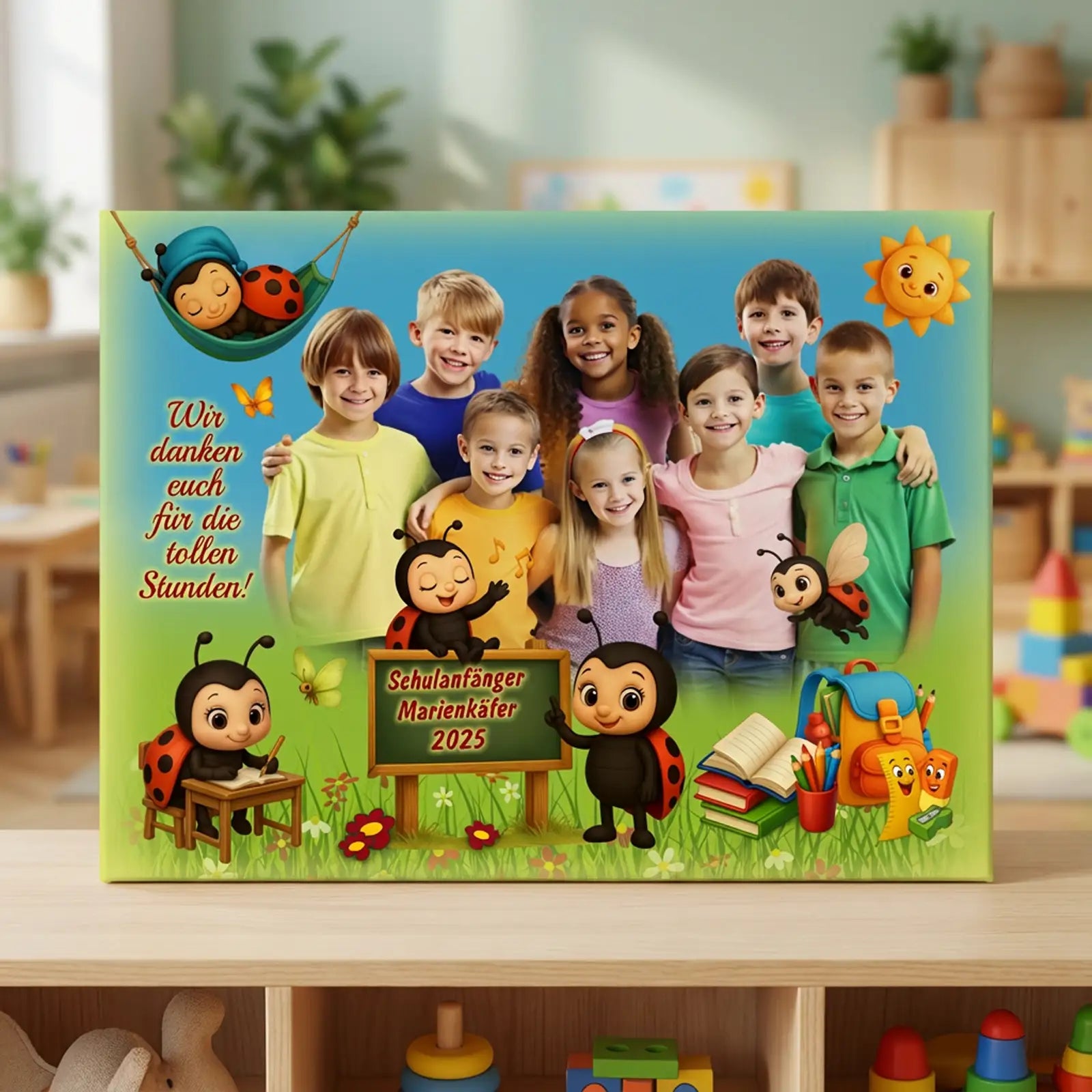 Kindergarten-Leinwand mit Kindern, Marienkäfern und Schul-Illustrationen, personalisierte Namen und Abschiedsgruß