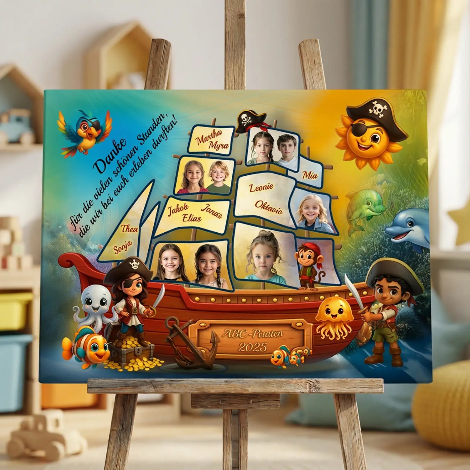Personalisierte Leinwandgestaltung zum Abschied aus der Kita mit Gruppenmotiv, Kindernamen, Fotos und Widmung