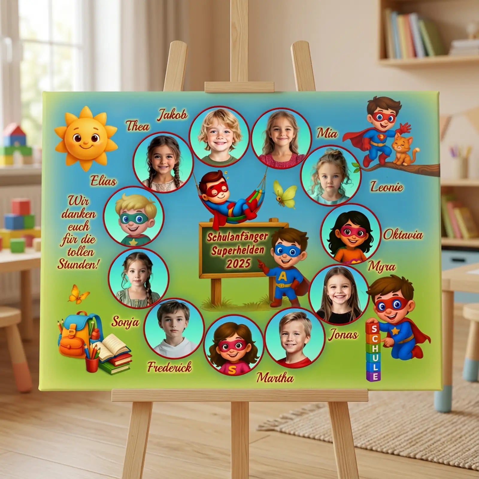 Abschluss-Collage auf Leinwand für Kindergartenkinder mit Namen, Einzelfotos und persönlicher Botschaft an die Gruppe
