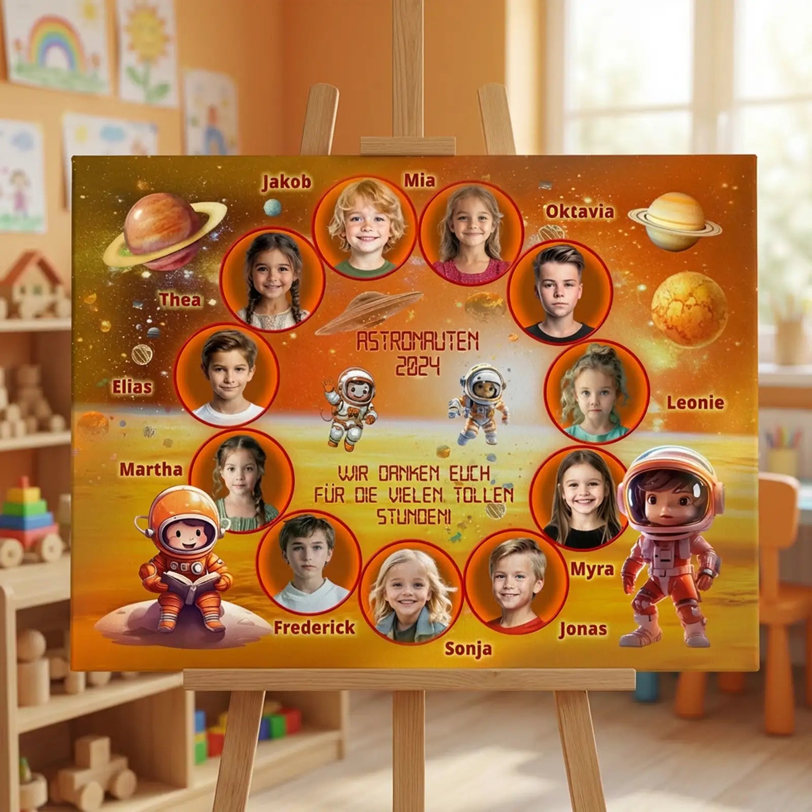 Personalisierte Erinnerung an die Kindergartenzeit: Leinwand mit Kindergruppenbild, Namen, Fotos und Dankeschrift