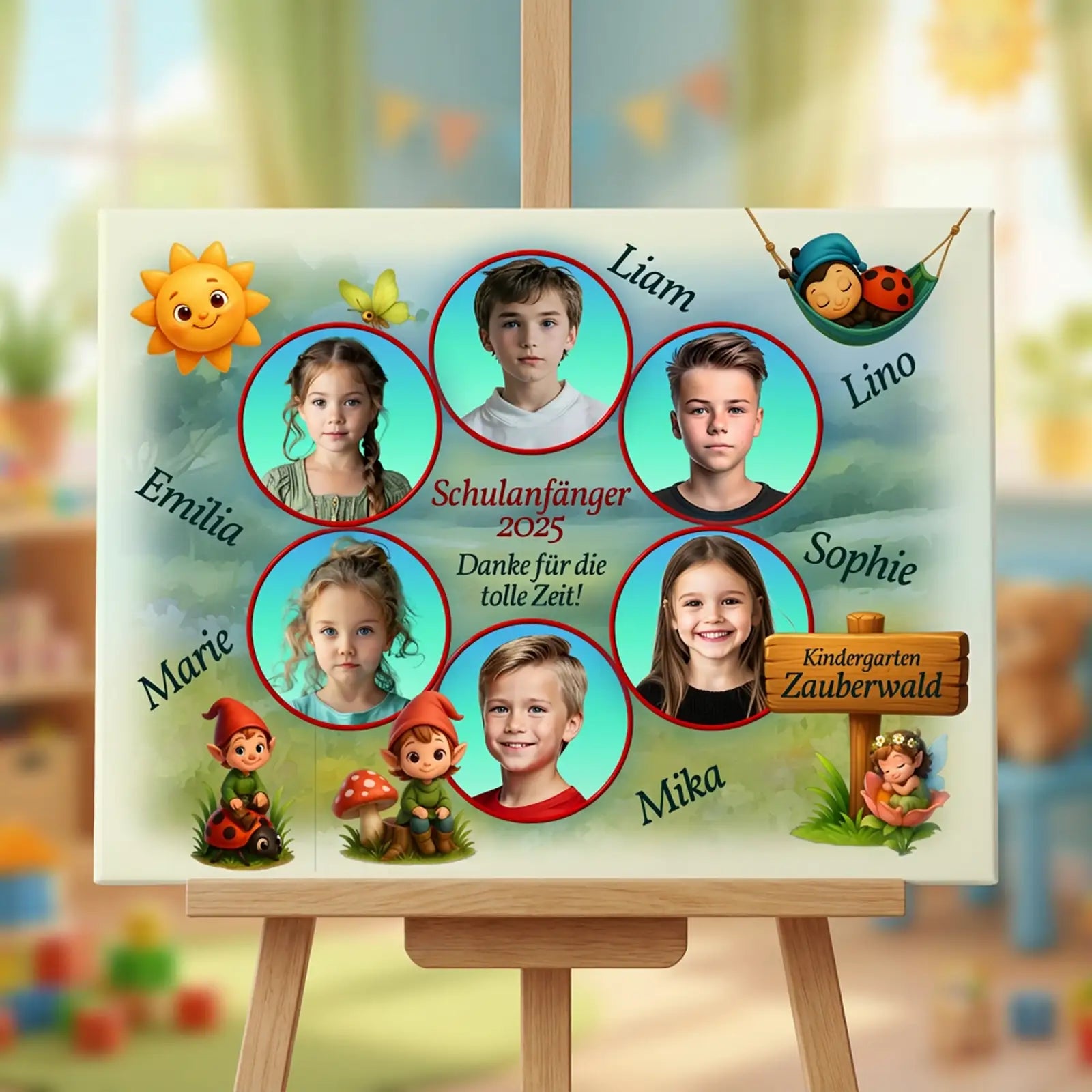 Geschenk zum Kitaabschied: Leinwandcollage mit Einzelfotos, Namen und kurzer Widmung, gestaltet als gemeinsames Gruppenmotiv