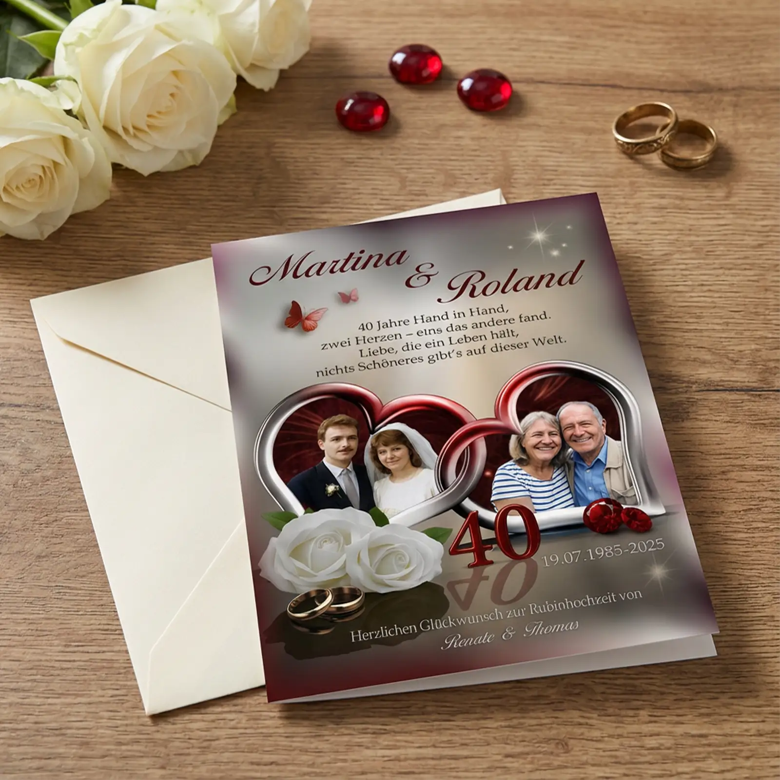 Personalisierte Grußkarte zur Rubinhochzeit mit zwei Fotos des Paares – Hochzeitsbild und aktuelles Porträt, rote Akzente und Zahl 40