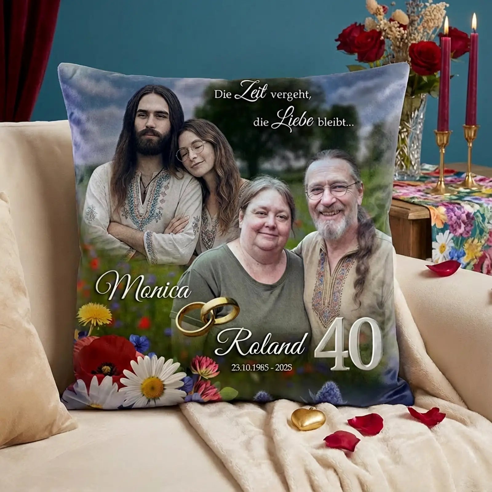 Personalisiertes Fotokissen zur Rubinhochzeit mit Porträts eines Ehepaares damals und heute, Namen Monica und Roland, Zahl 40, Eheringen und floralen Elementen in warmem Wohnambiente.