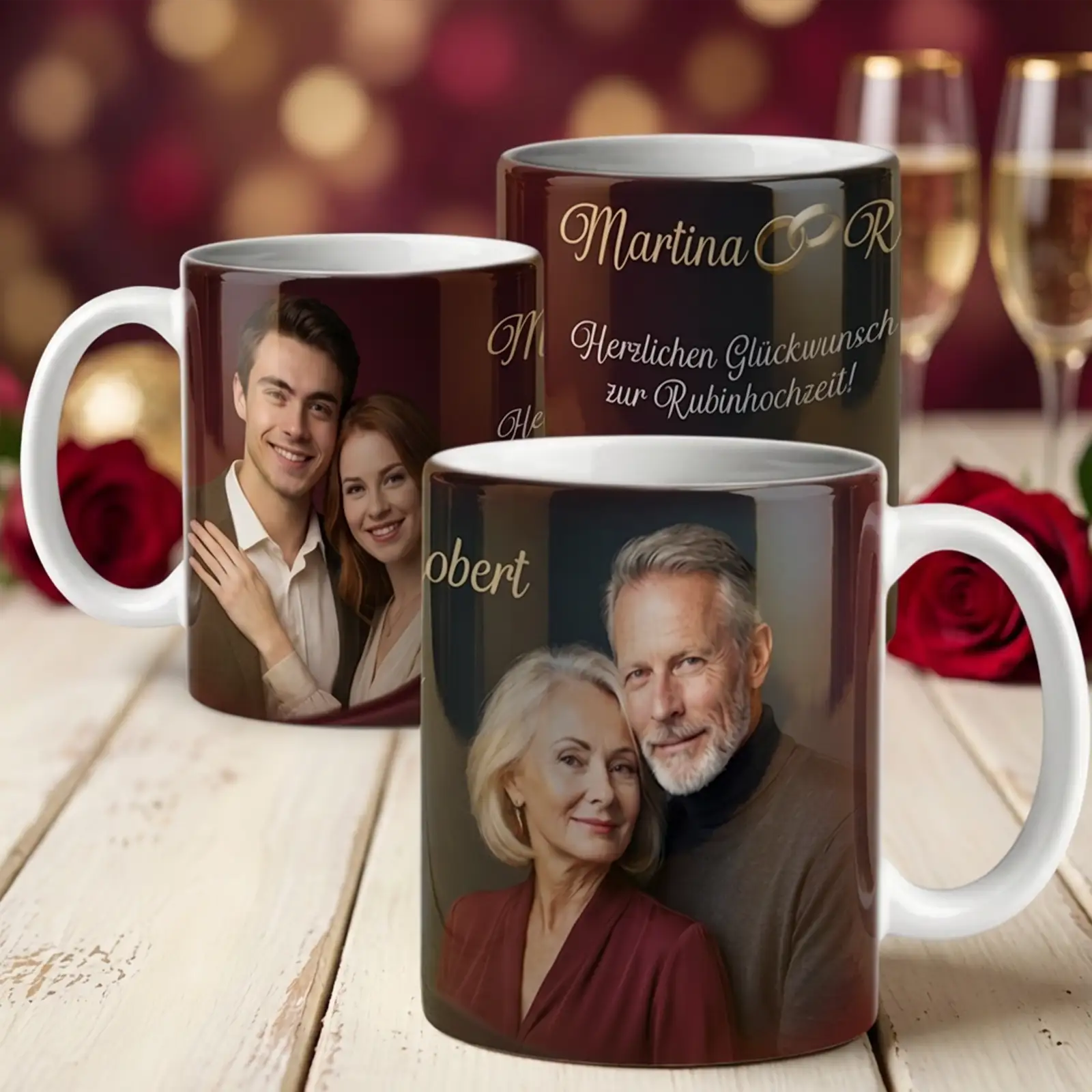 Fototasse mit individuellem Paarfoto und Glückwunsch zur Rubinhochzeit, hochwertige Keramiktasse als persönliches Geschenk. Unterschiedliche Perspektiven.