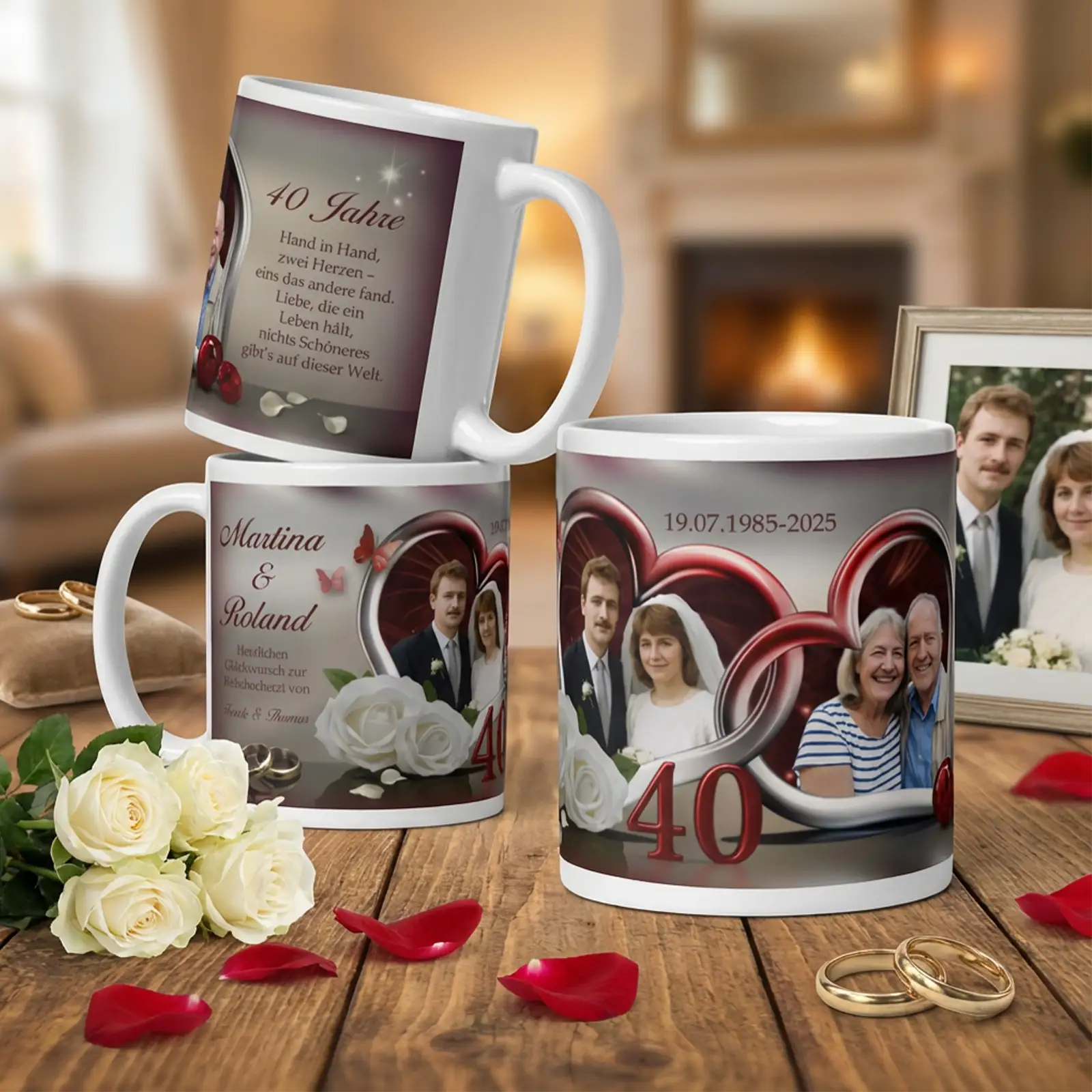 Personalisierte Fototasse zur Rubinhochzeit mit drei Motivansichten, Hochzeitsfoto von früher und Paarfoto heute, roten Herzrahmen, Aufdruck „40 Jahre“, Namen und Datum, dekoriert mit Rosenblättern und Eheringen auf Holztisch