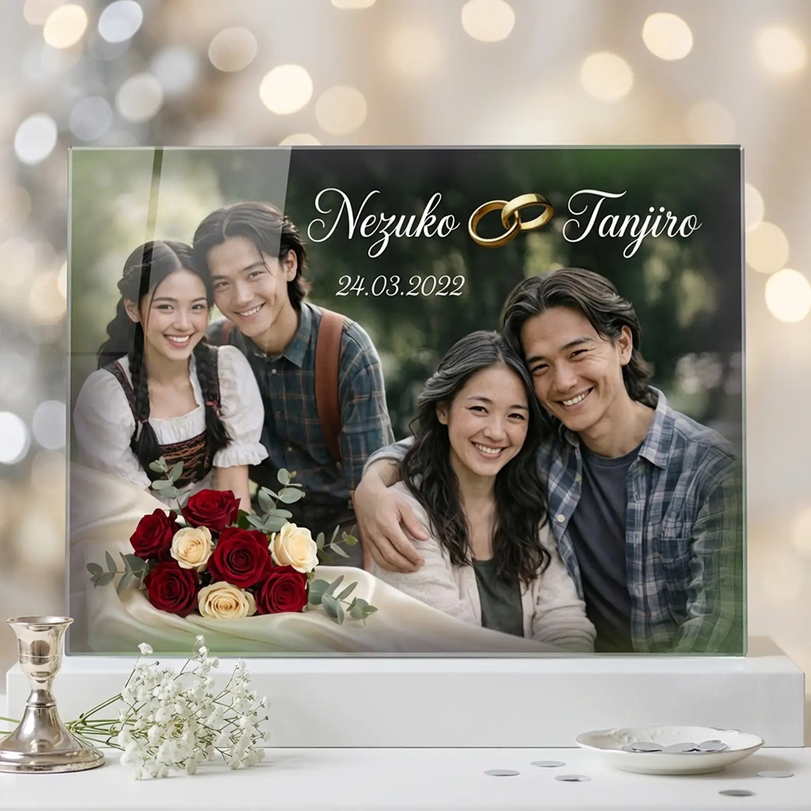 Personalisiertes Acrylglas zur Silberhochzeit mit Namen, Datum und Eheringen