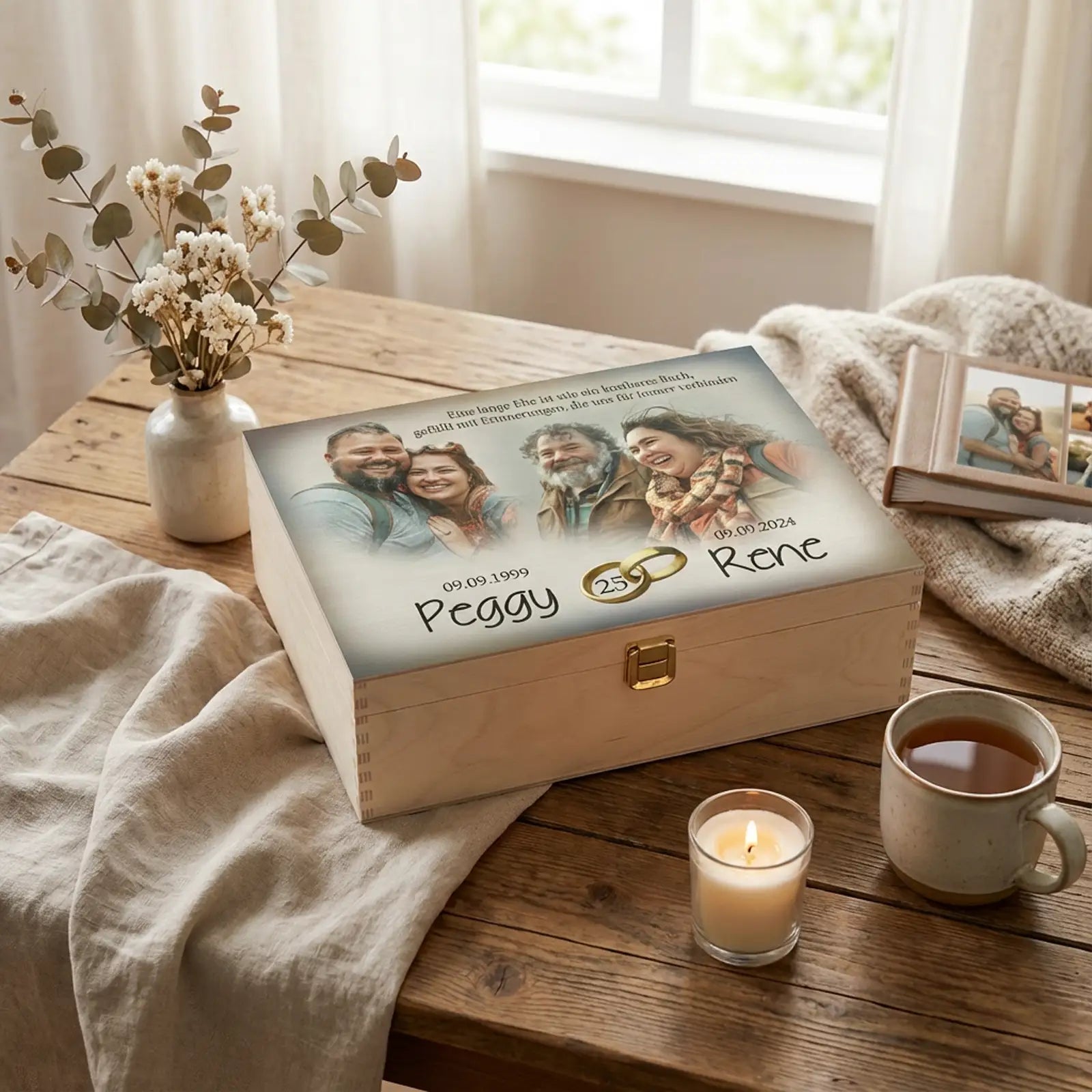 Personalisierte Holzbox Silberhochzeit mit Fotos, Eheringen und Namen Peggy Rene