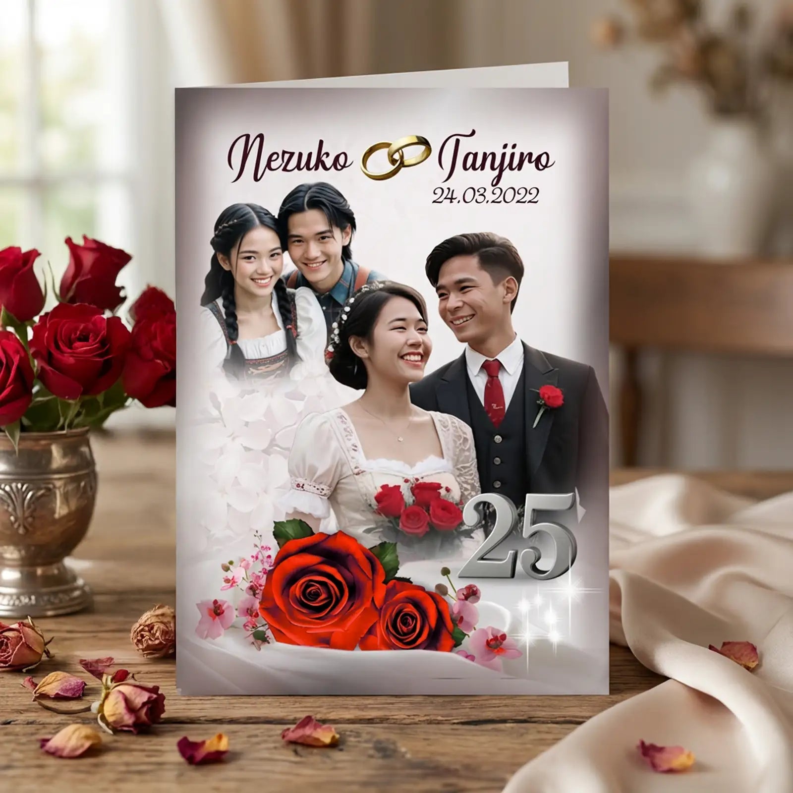 Personalisierte Grußkarte zur Silberhochzeit im Hochformat mit jungem Hochzeitsfoto, aktuellem Paarporträt, roten Rosen, silberner Zahl 25 sowie Namen und Hochzeitsdatum.