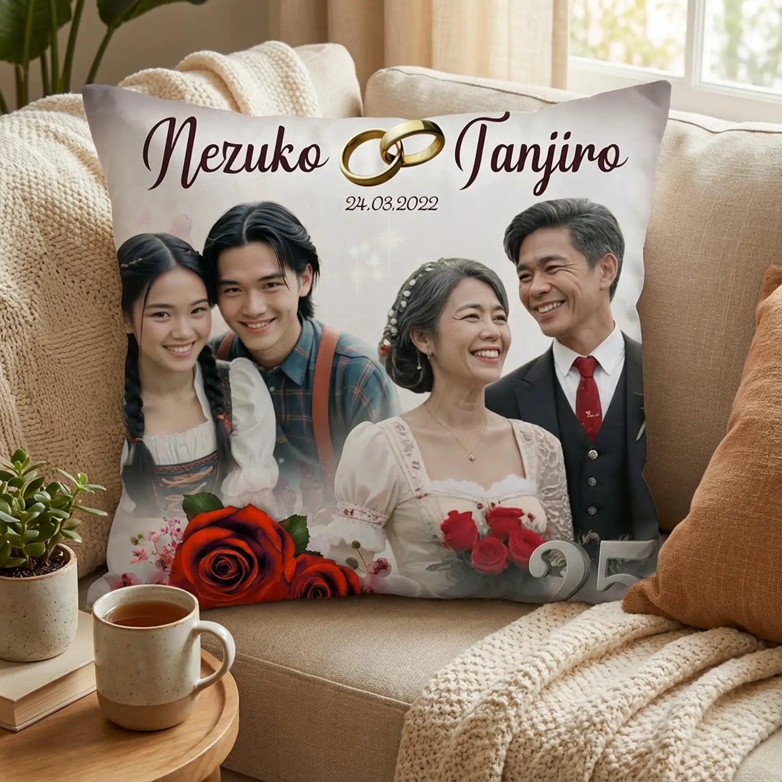Personalisiertes Kissen zur Silberhochzeit mit damaligem Hochzeitsfoto und aktuellem Paarfoto, Namen und Datum, Ringmotiv und roten Rosen, platziert auf einem Sofa in heller Wohnumgebung.