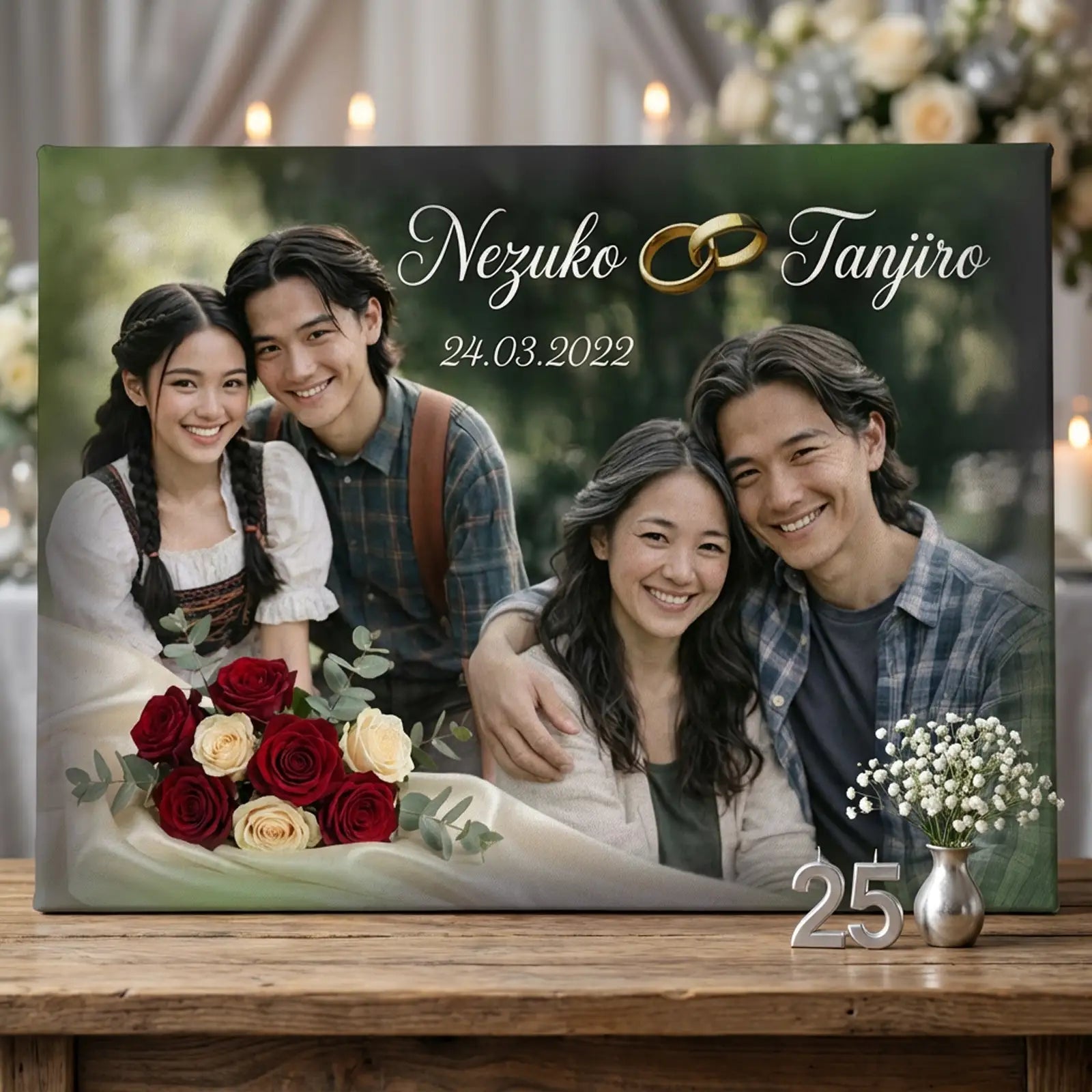 Personalisierte Leinwand zur Silbernen Hochzeit mit zwei Paarfotos, Namen Nezuko und Tanjiro, Datum 24.03.2022, Eheringen, rotem Rosenstrauß, Zahl 25 und floralem Arrangement – Geschenk zum 25. Hochzeitstag.