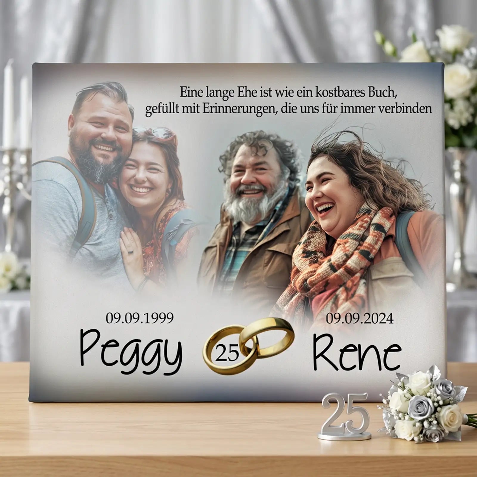Personalisierte Leinwand zur Silbernen Hochzeit mit drei Paarfotos, Namen Peggy und Rene, Hochzeitsdaten 09.09.1999 und 09.09.2024, goldenen Eheringen, Zahl 25 und floralem Arrangement – emotionales Geschenk zum 25. Hochzeitstag.