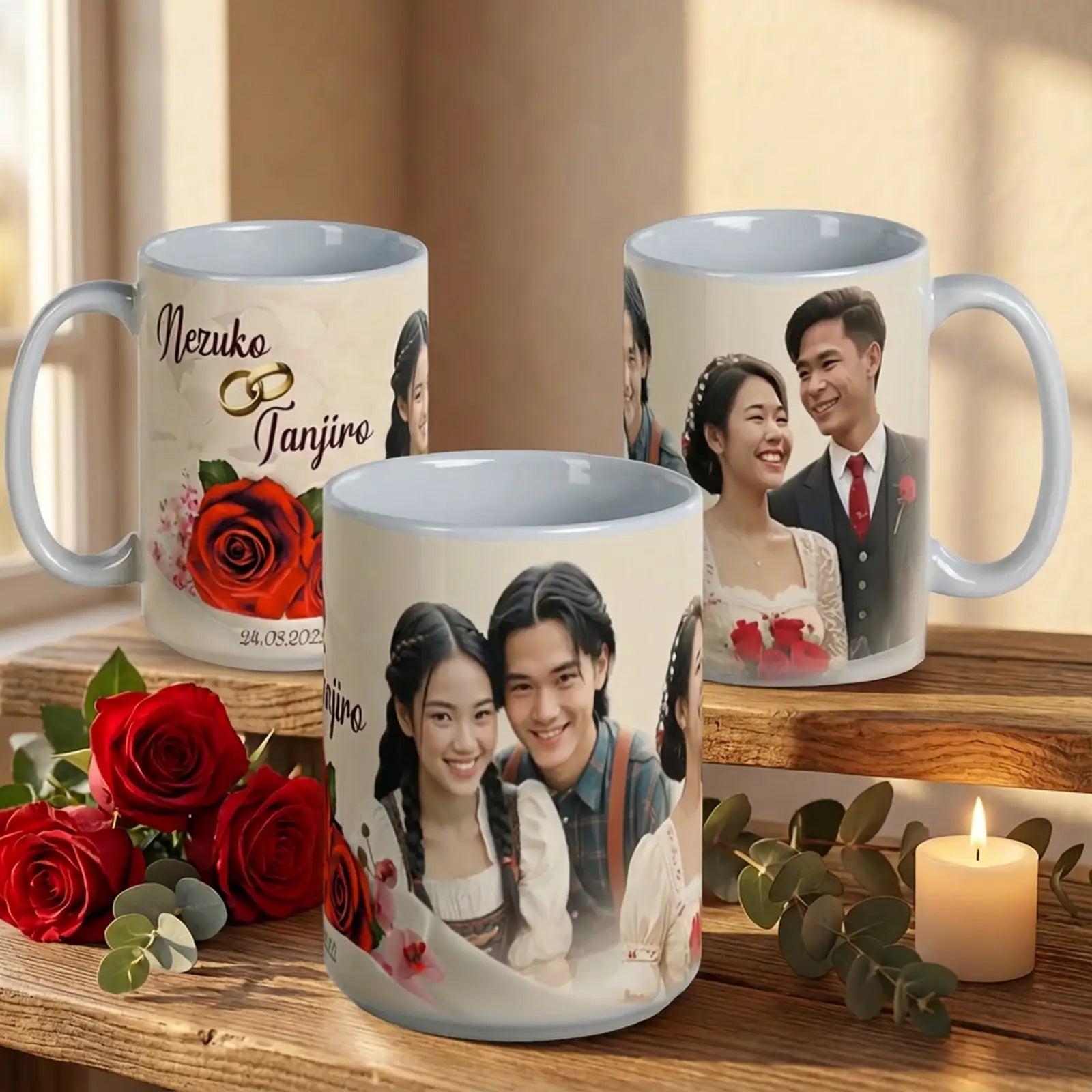 Personalisierte Fototasse mit Paarfotos von damals und heute und Namen, arrangiert mit roten Rosen und Kerze als Geschenk zur Hochzeit.