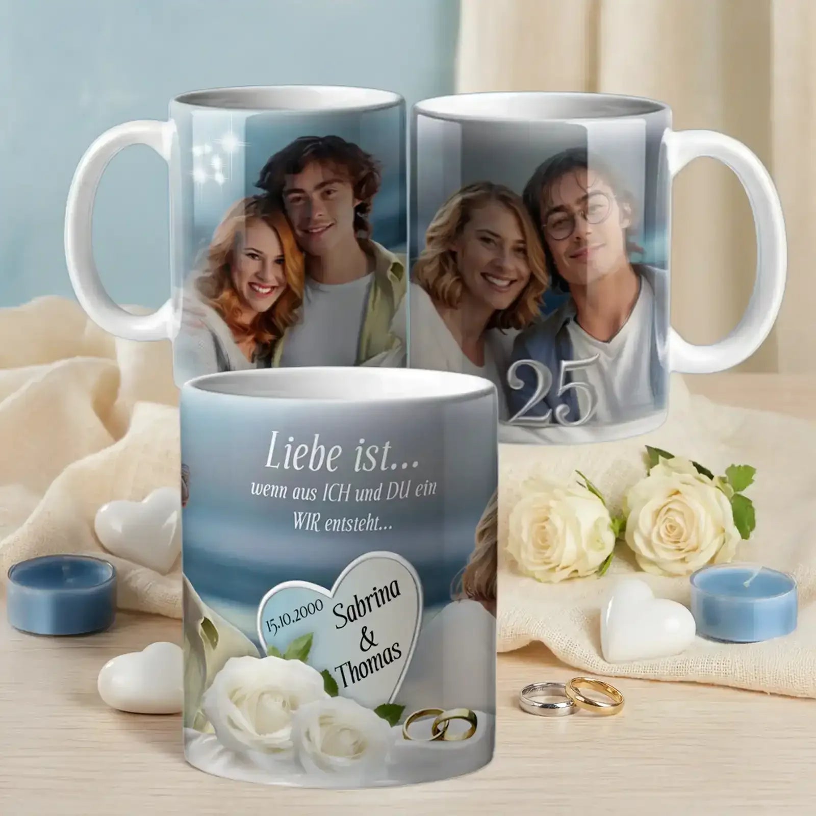 Geschenk zum Hochzeitstag - Personalisierte Tasse mit emotionalem Design und Namen für das Ehejubiläum.
