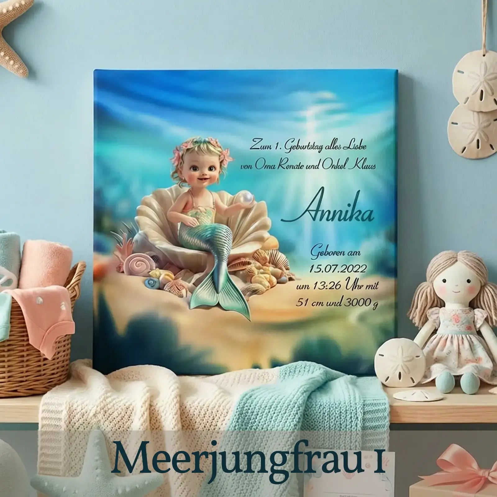 Fantasiebilder mit Namen und Daten - Motiv-Leinwand zur Geburt oder Taufe