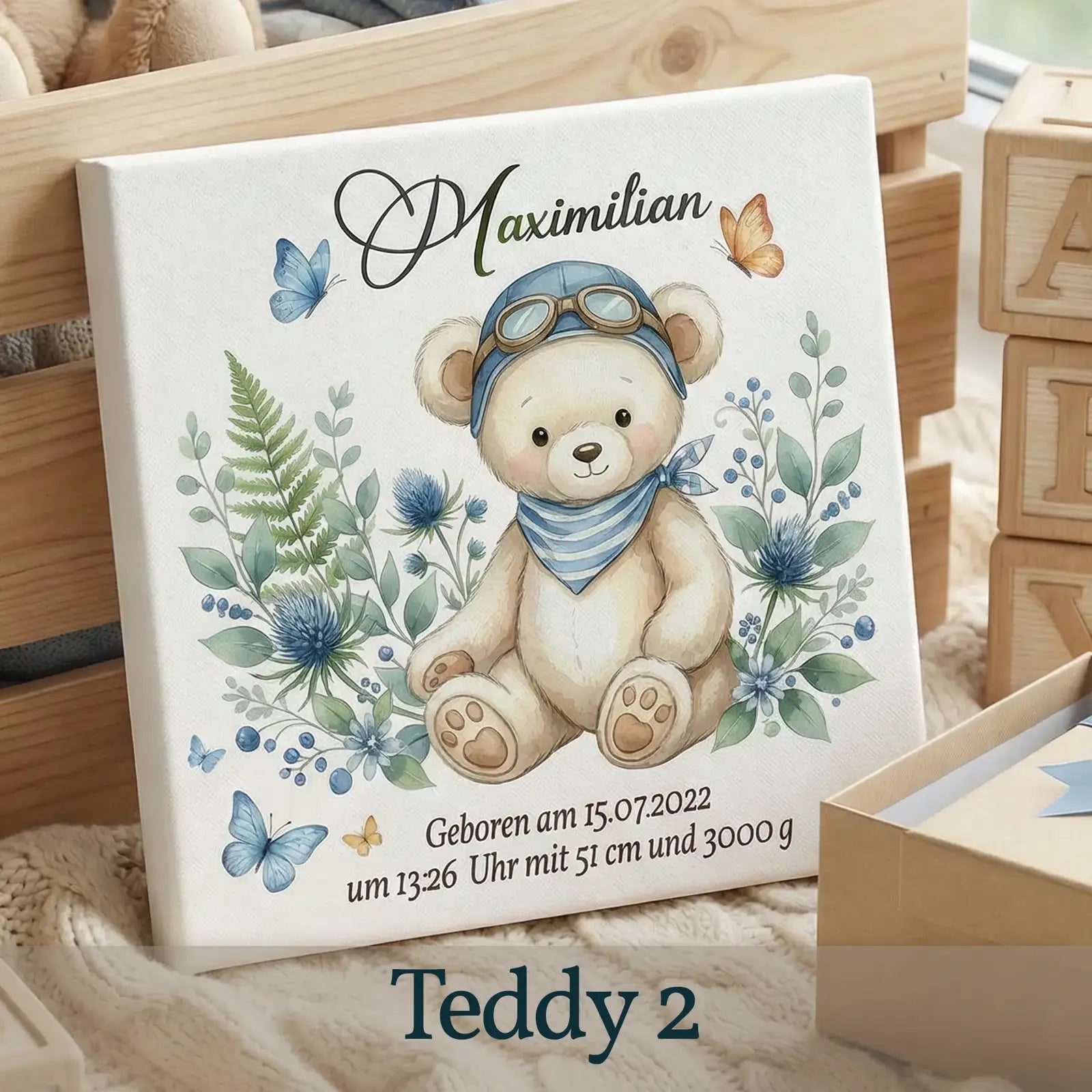 Fantasiebilder mit Namen und Daten - Motiv-Leinwand zur Geburt oder Taufe