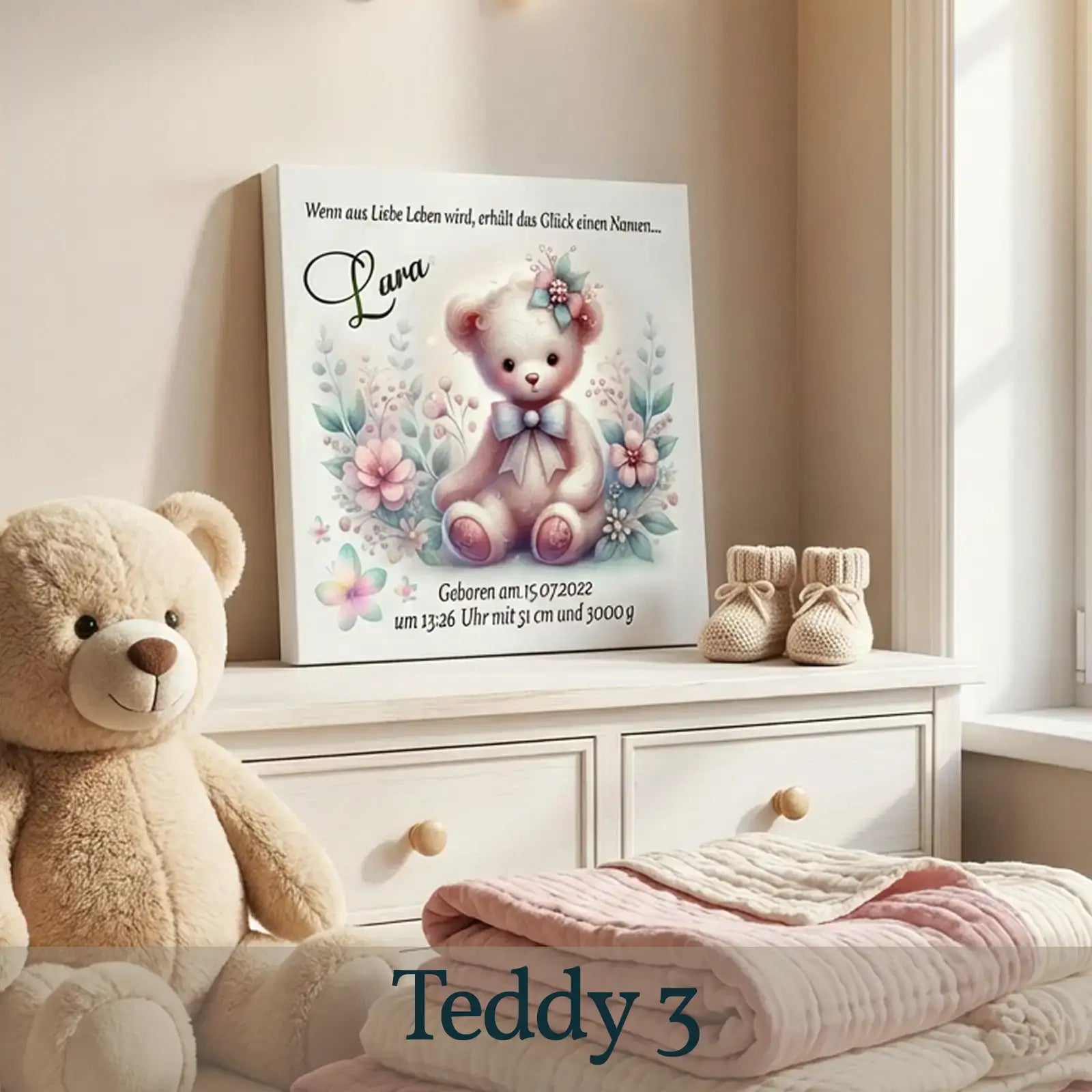Fantasiebilder mit Namen und Daten - Motiv-Leinwand zur Geburt oder Taufe
