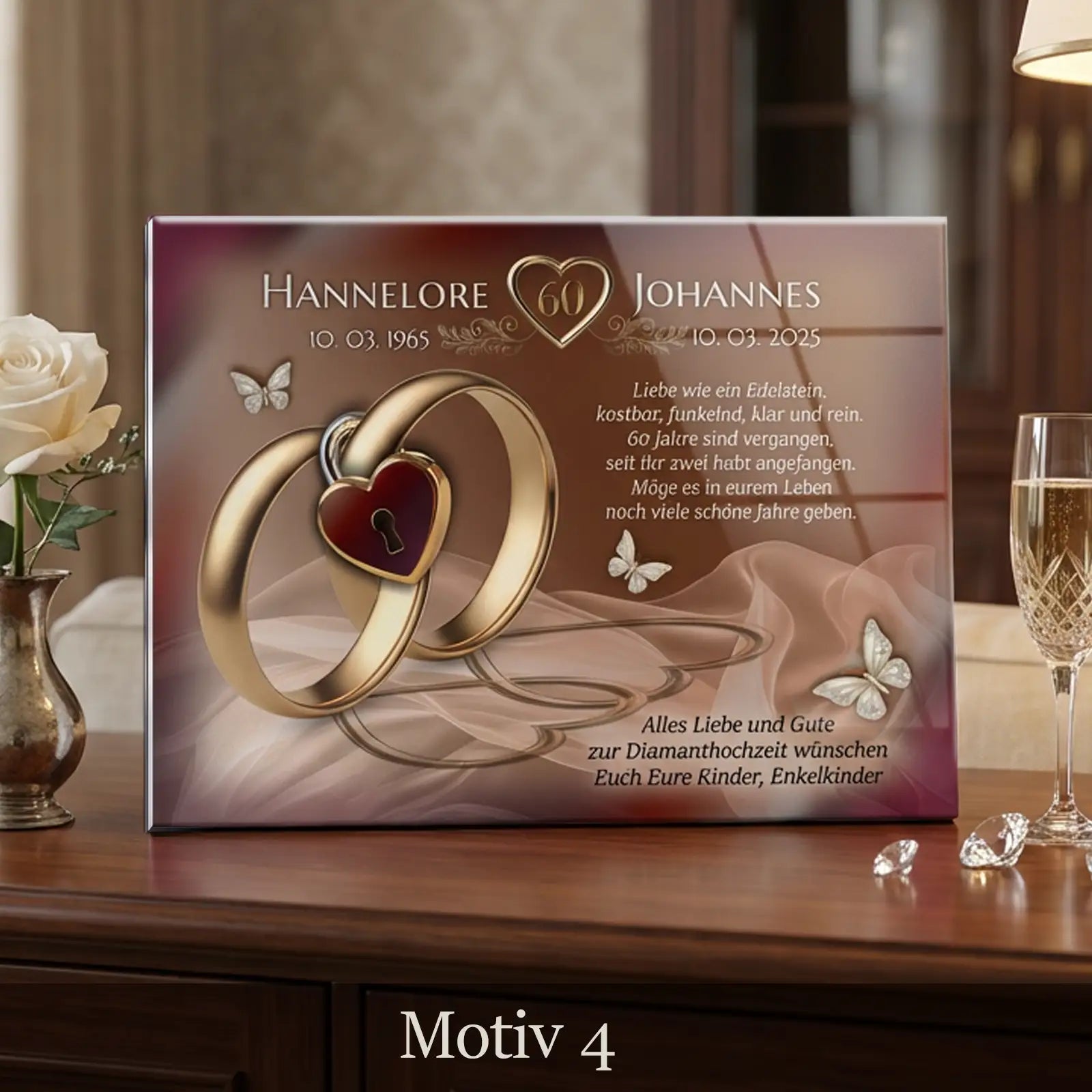 Acrylglasbild zur Diamanthochzeit mit goldenen Eheringen, Herzschloss und Widmung, personalisiert mit Namen und Datum, stilvolles Geschenk zum 60. Ehejubiläum.