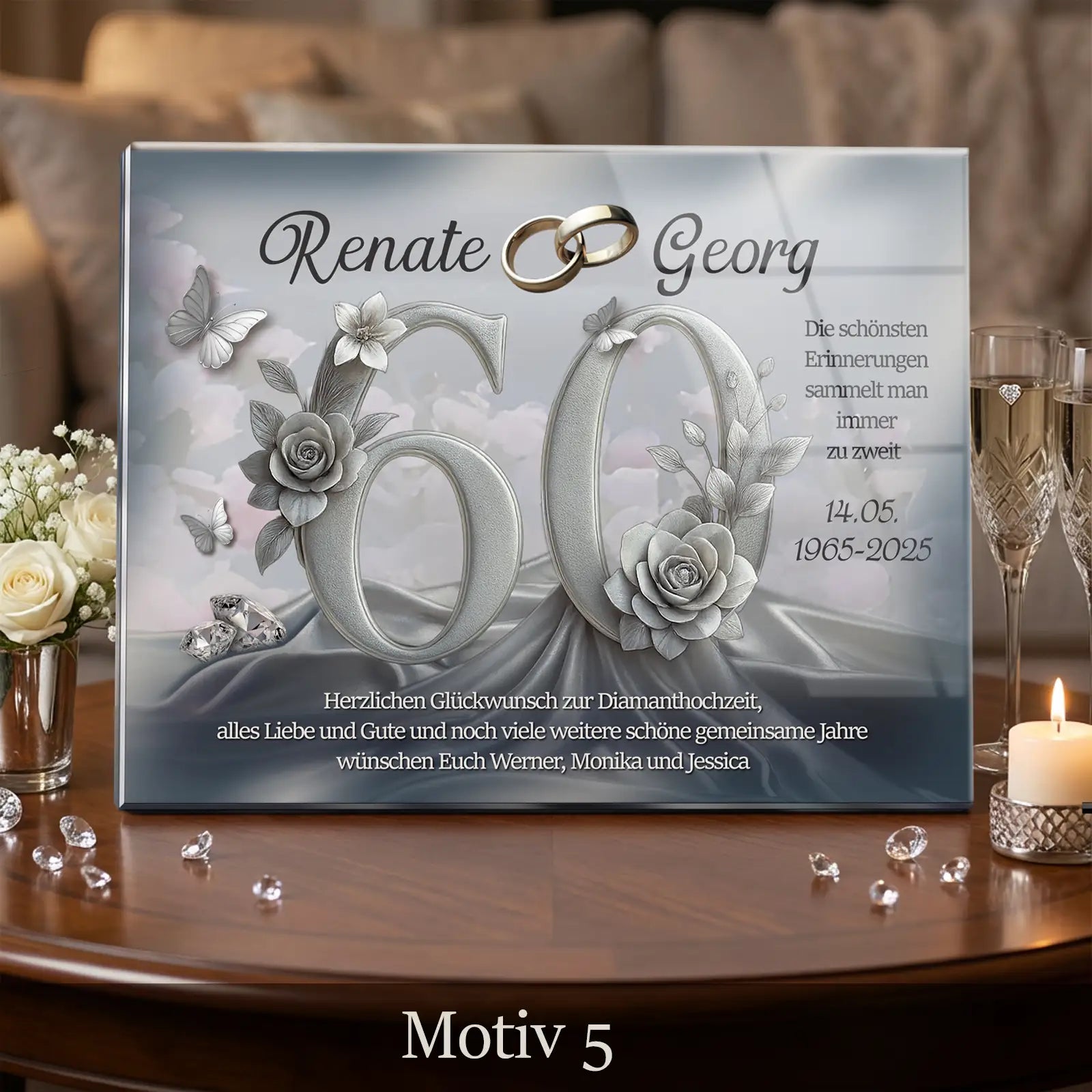 Acrylglasbild zur Diamanthochzeit mit goldenen Eheringen, Herzschloss und Widmung, personalisiert mit Namen und Datum, stilvolles Geschenk zum 60. Ehejubiläum.