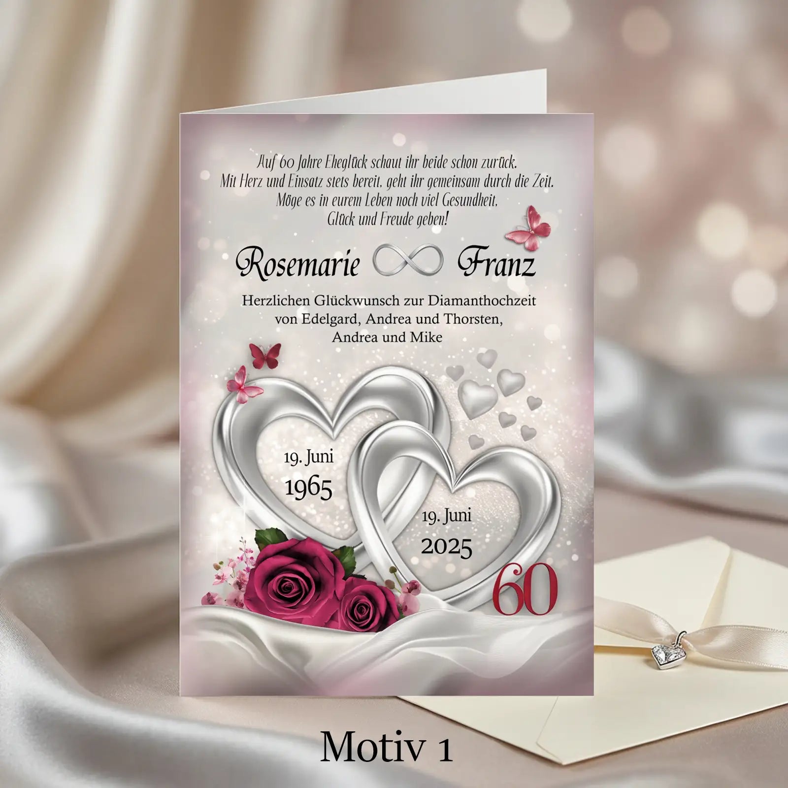 Personalisierte Glückwunschkarte zur Diamanthochzeit mit silbernen Herzen und Rosenmotiv, Namen Rosemarie und Franz, 60 Jahre Ehe