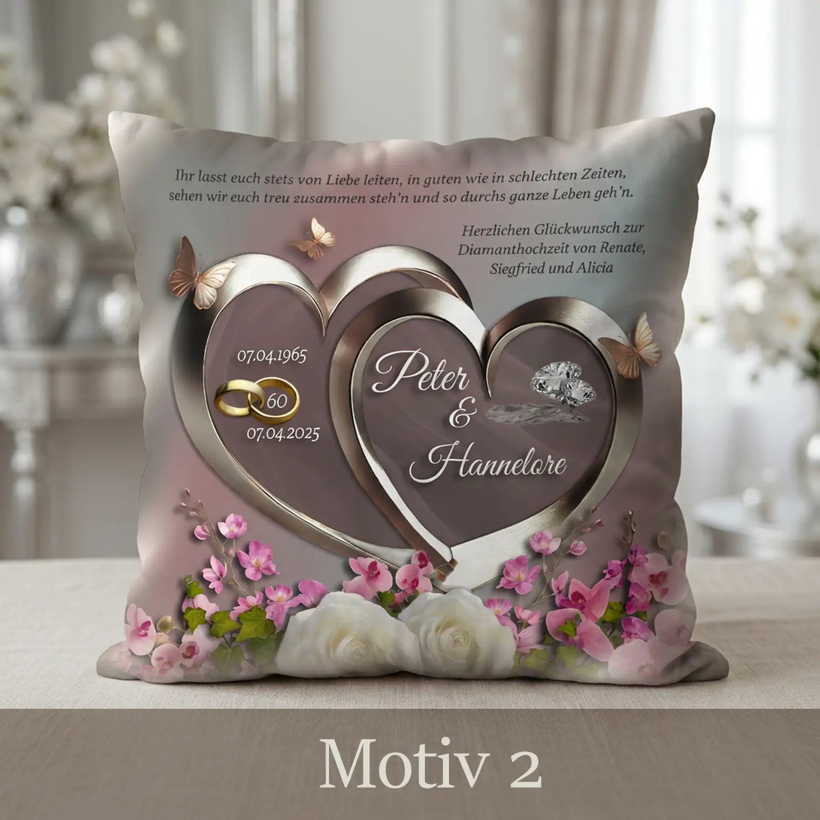 Personalisierter Kissenbezug zur Diamanthochzeit mit zwei Herzen, floralen Elementen und Ringen, Namen Peter und Hannelore, 60 Jahre Ehe