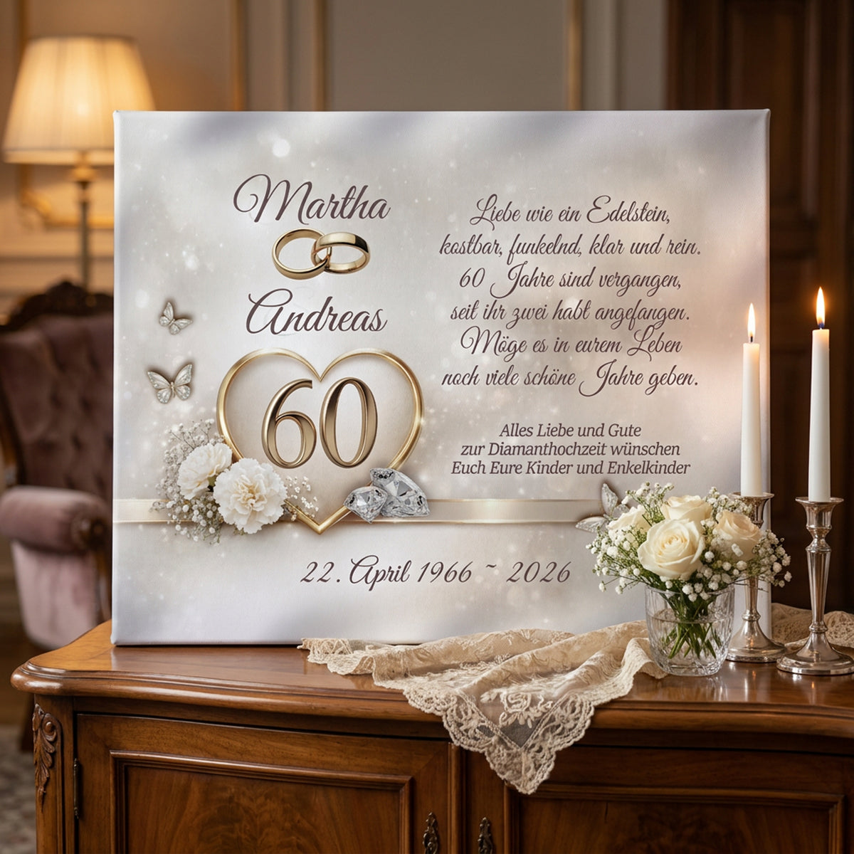 Personalisiertes Leinwandbild zum 60. Ehejubiläum mit feinem Diamanthochzeit-Design, Namen des Brautpaares und Hochzeitsdatum im festlichen Raum