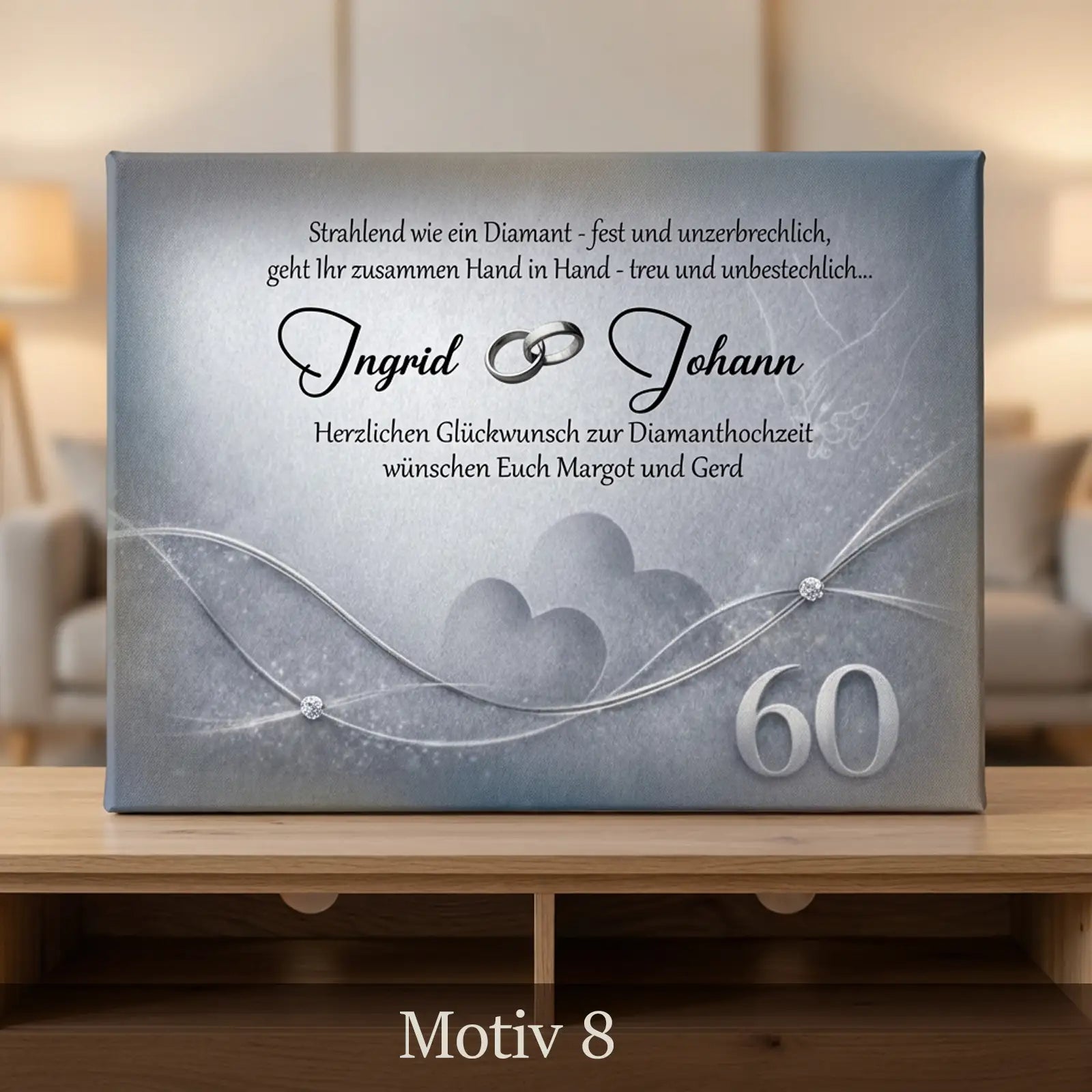 Personalisierte Holzbox zur Diamanthochzeit mit silbernem Herzmotiv und 60-Gestaltung, Namen Ingrid und Johann, elegantes Design