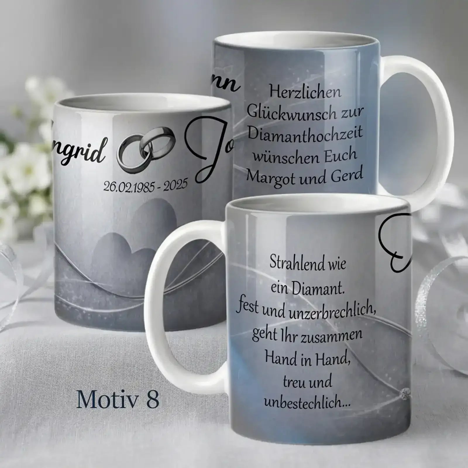 Spezielle Tasse zur Diamanten Hochzeit mit silbernem Herzmotiv. Exklusiv zum 60. Hochzeitstag