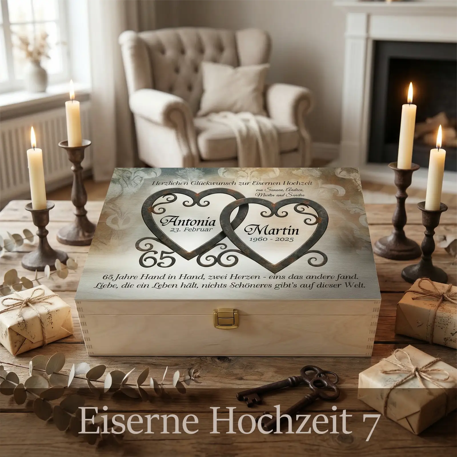 Personalisierte Holzbox zur Eisernen Hochzeit mit hellem Holz und Metallverschluss. Auf dem Deckel zwei verzierte Metallherzen mit den Namen Antonia und Martin, Jubiläumszahl 65 und individuellem Text. Die Box ist arrangiert mit Kerzen, Geschenken, Schlüssel und Wohnaccessoires in warmem, festlichem Ambiente und steht für 65 Jahre Ehe und gemeinsame Erinnerung.