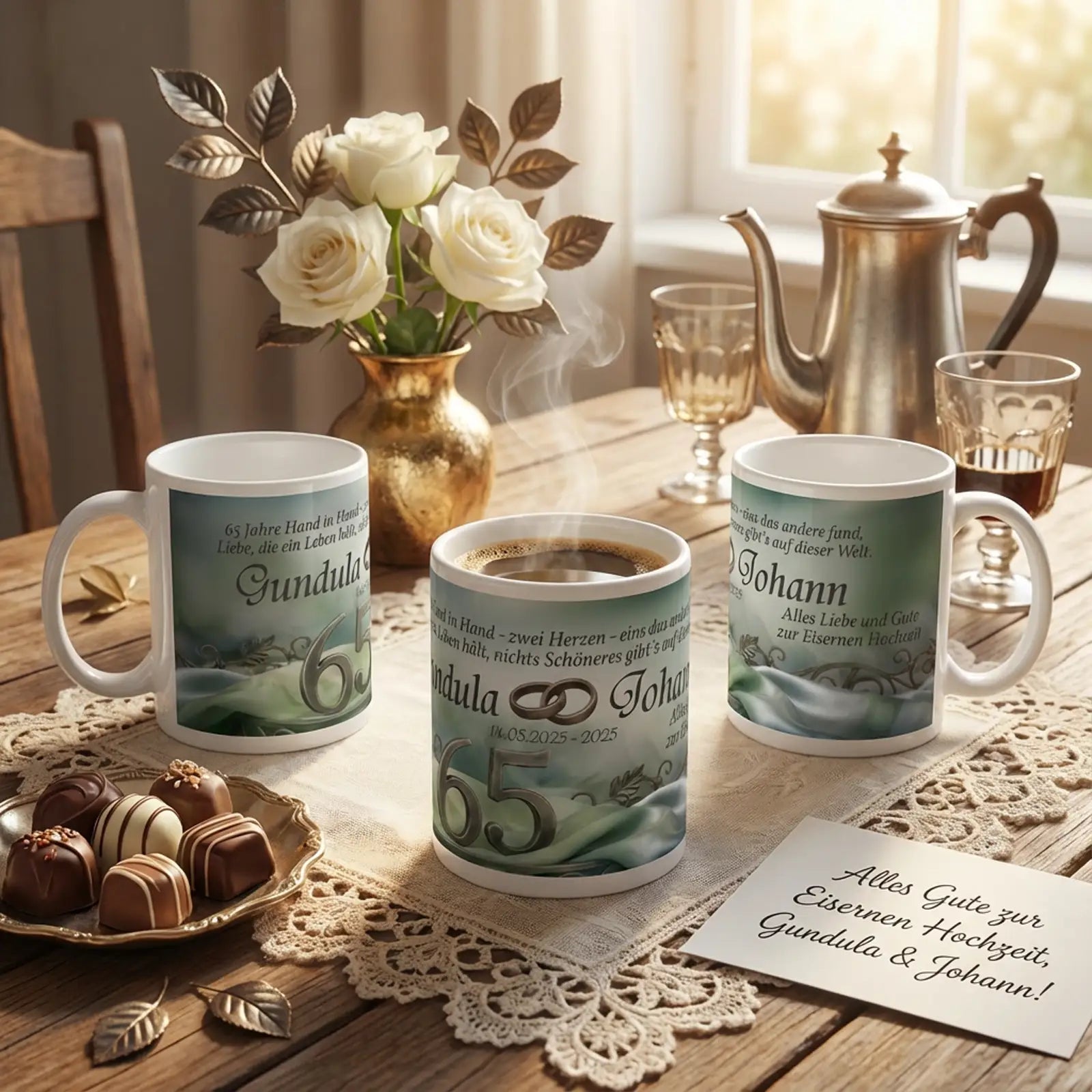 Personalisierte Motivtassen zur Eisernen Hochzeit mit Namen Gundula und Johann, Zahl 65, grün-silbernes Design mit Schriftband, gedeckter Holztisch mit Spitze, weißen Rosen, Kaffeekanne, Pralinen und Glückwunschkarte im warmen Licht