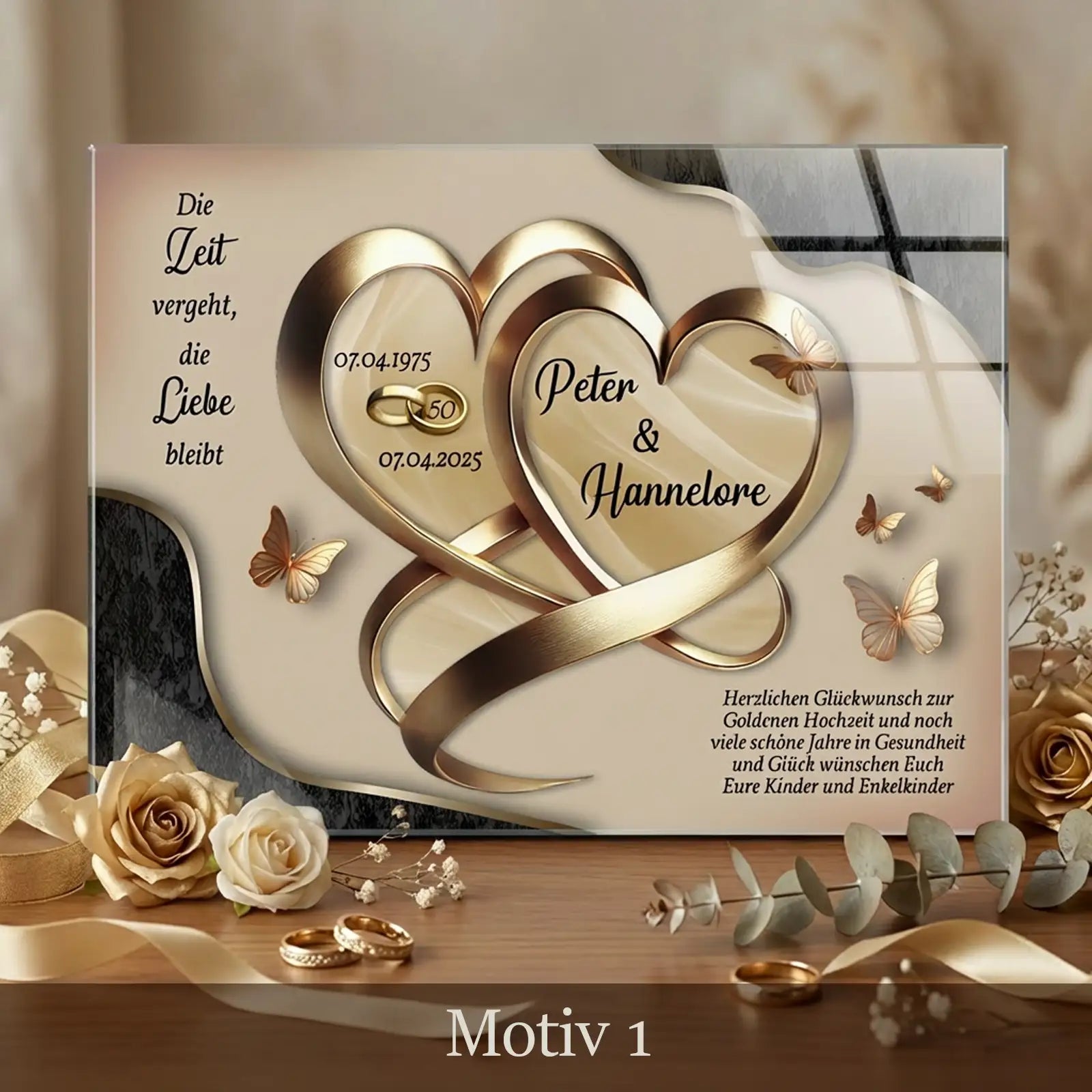 Personalisierte Acrylglas-Gedenktafel zur Goldenen Hochzeit mit goldenen Ringen im Herzdesign, Namen und Datum, elegantes Jubiläumsgeschenk zum 50. Hochzeitstag.