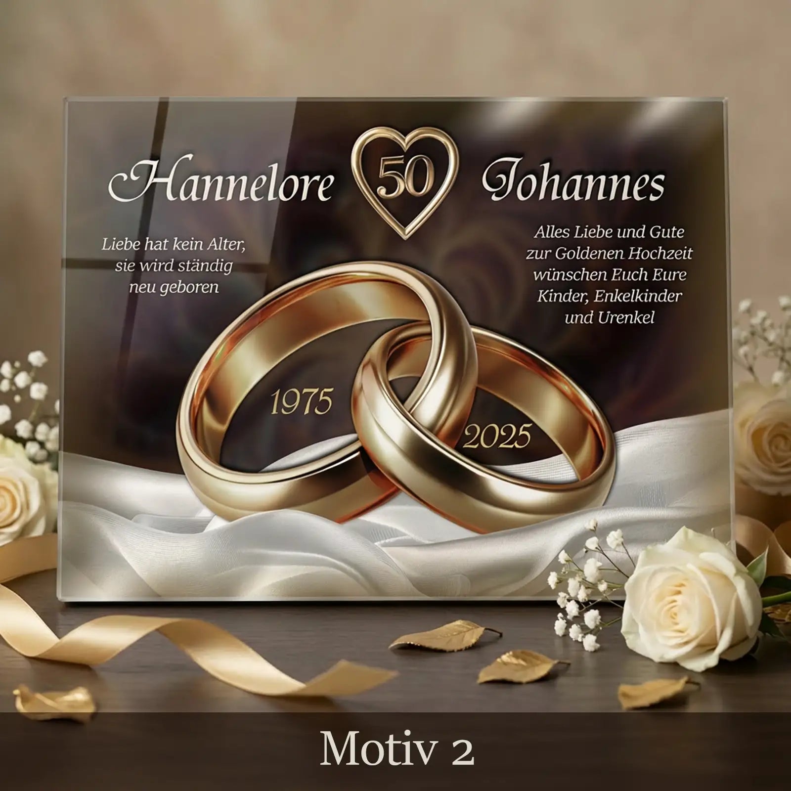 Acrylglasbild zur Goldenen Hochzeit mit ineinanderliegenden Eheringen, Zahl 50, Namen und Hochzeitsjahren, edles Erinnerungsbild zum 50. Ehejubiläum.
