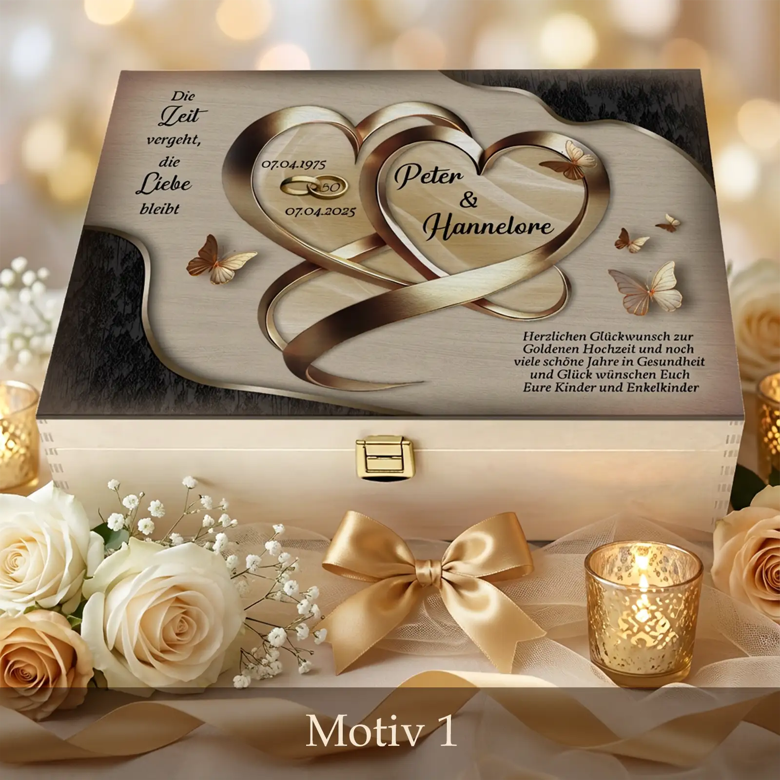 Personalisierte Holzbox zur Goldenen Hochzeit mit goldenen Herzen, Namen und Datum, Motiv Golden Heartbound