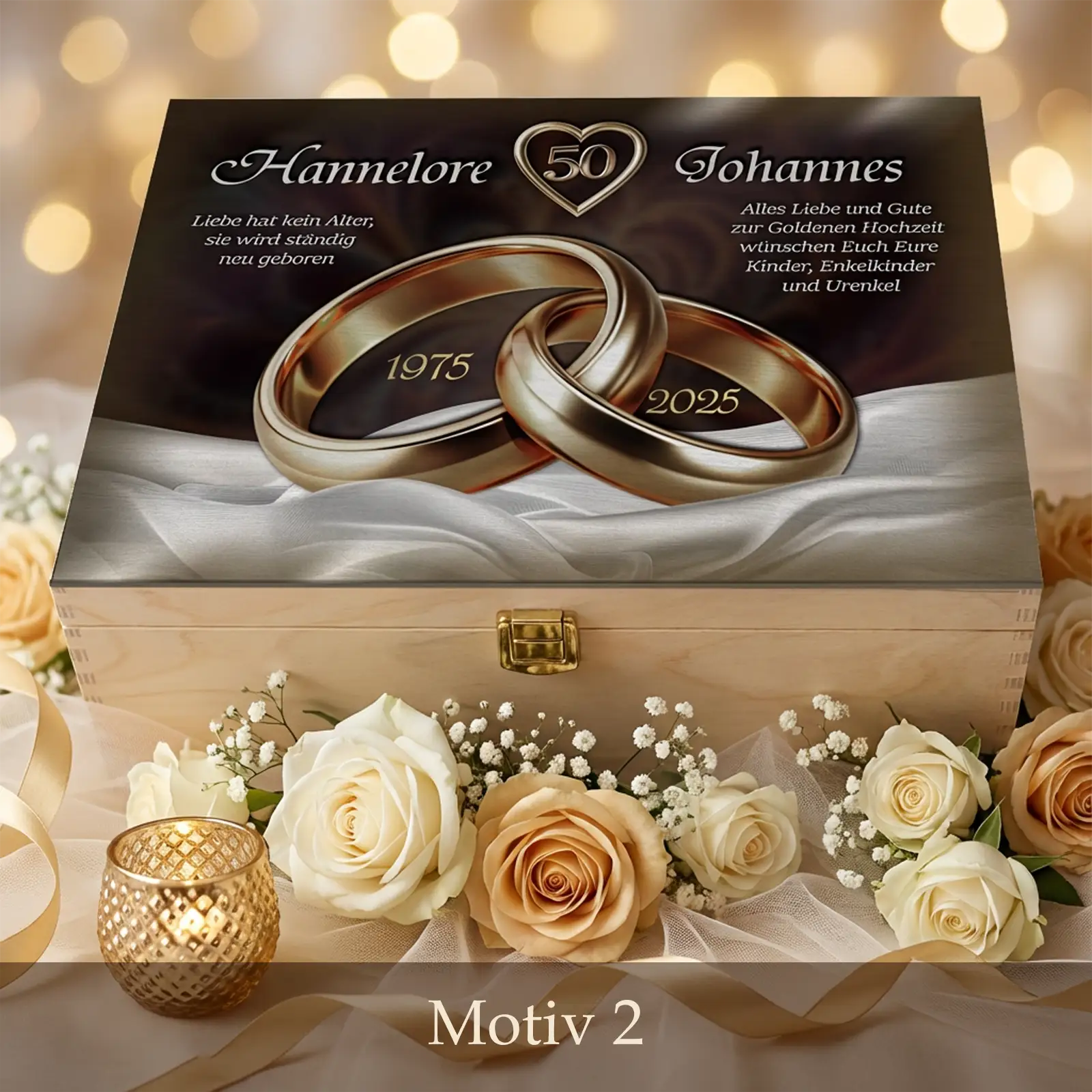 Holzbox als Geschenk zum 50. Hochzeitstag mit goldenen Eheringen, Namen und Datum, Motiv Eternal Glow