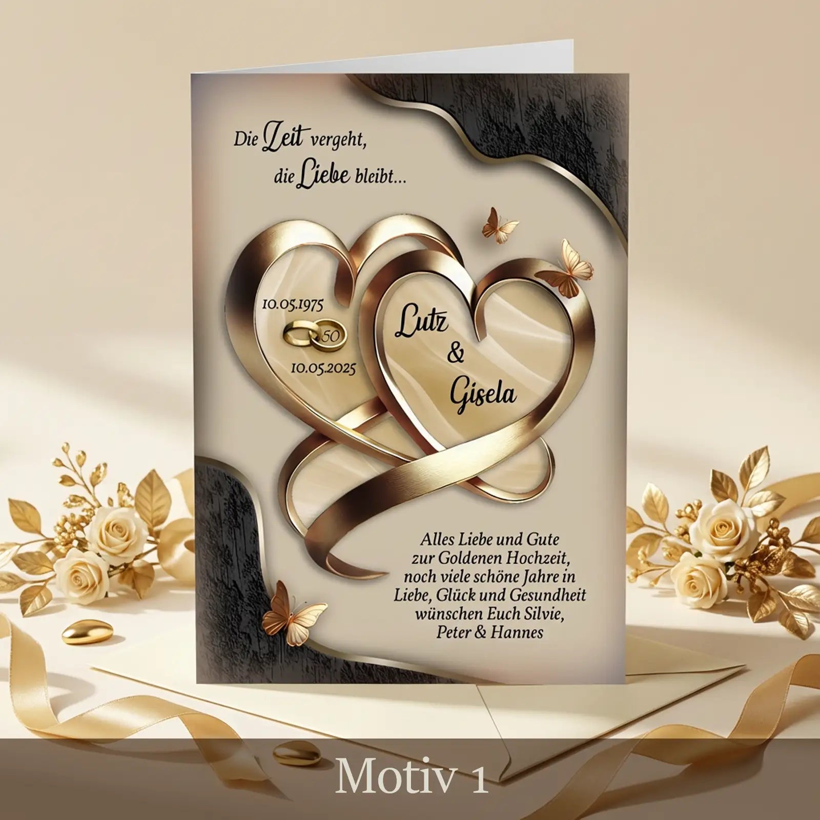 Klappkarte zur Goldenen Hochzeit mit goldenen Herzen, Namen und Datum, Motiv Golden Heartbound