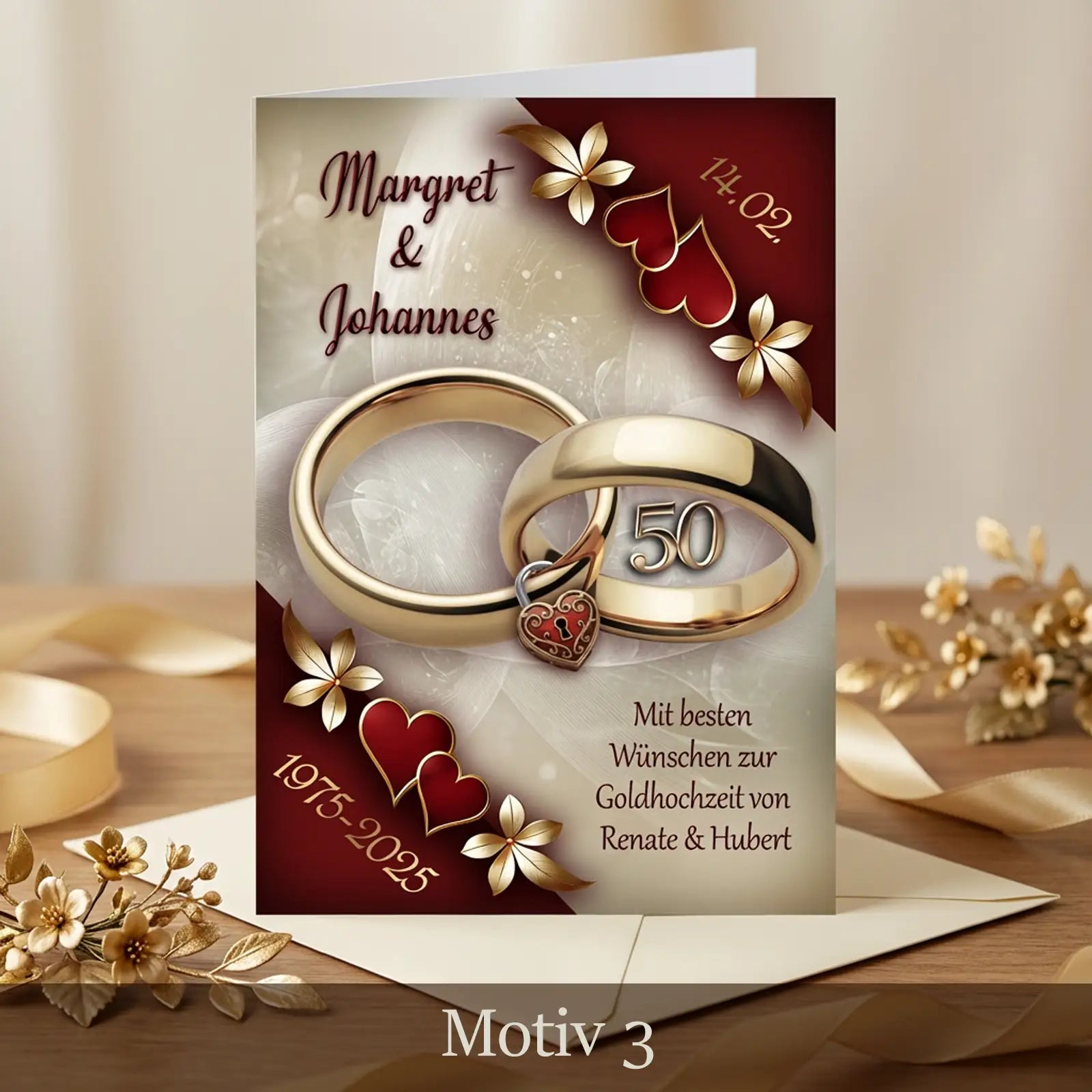 50 Jahre Hochzeit Karte mit roten Herzen, Ringen, Namen und persönlichem Text, Motiv Golden Vows