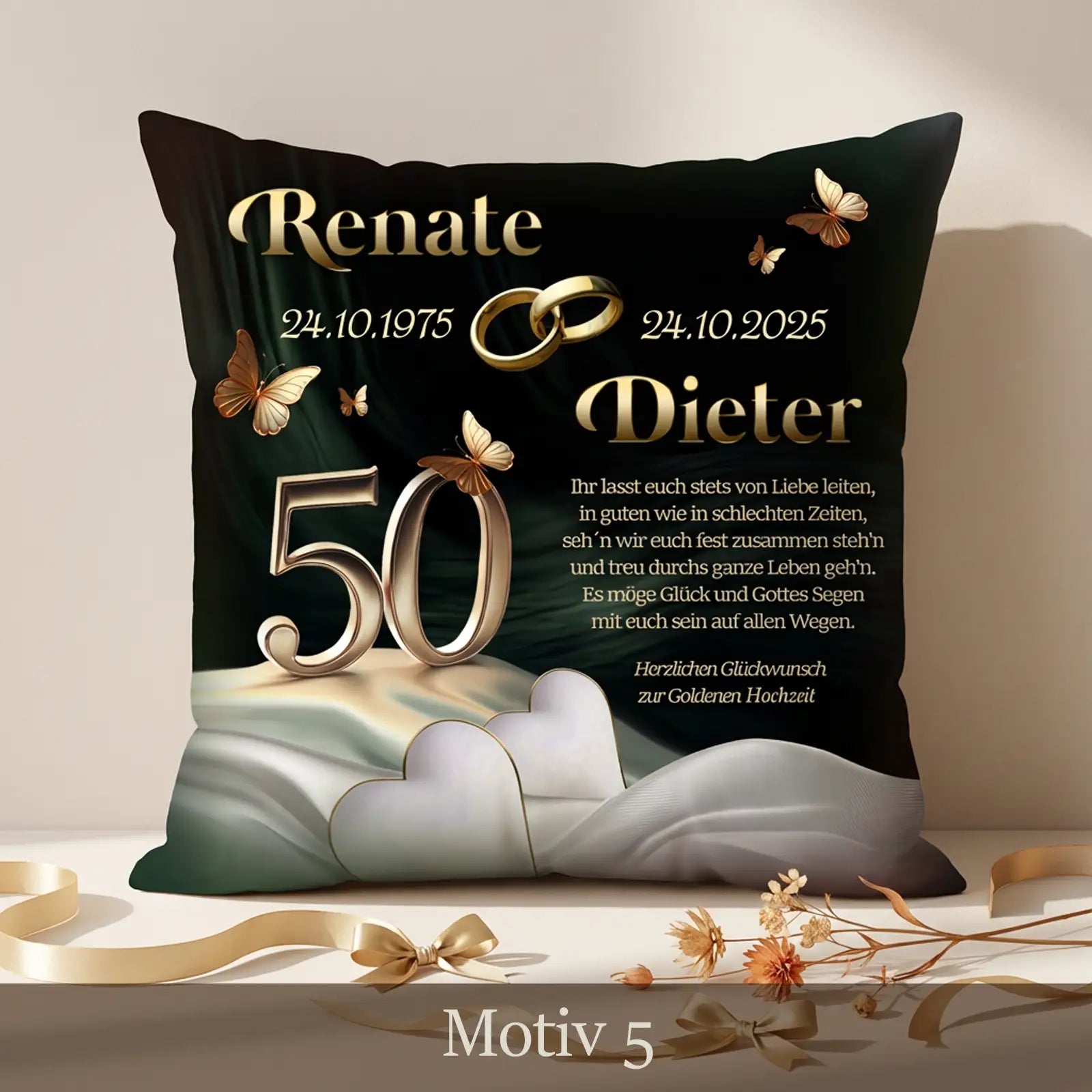 Personalisierbares Kissen zur Goldhochzeit mit dunklem Hintergrund, goldener 50, Namen und Widmung, Motiv Midnight Gold
