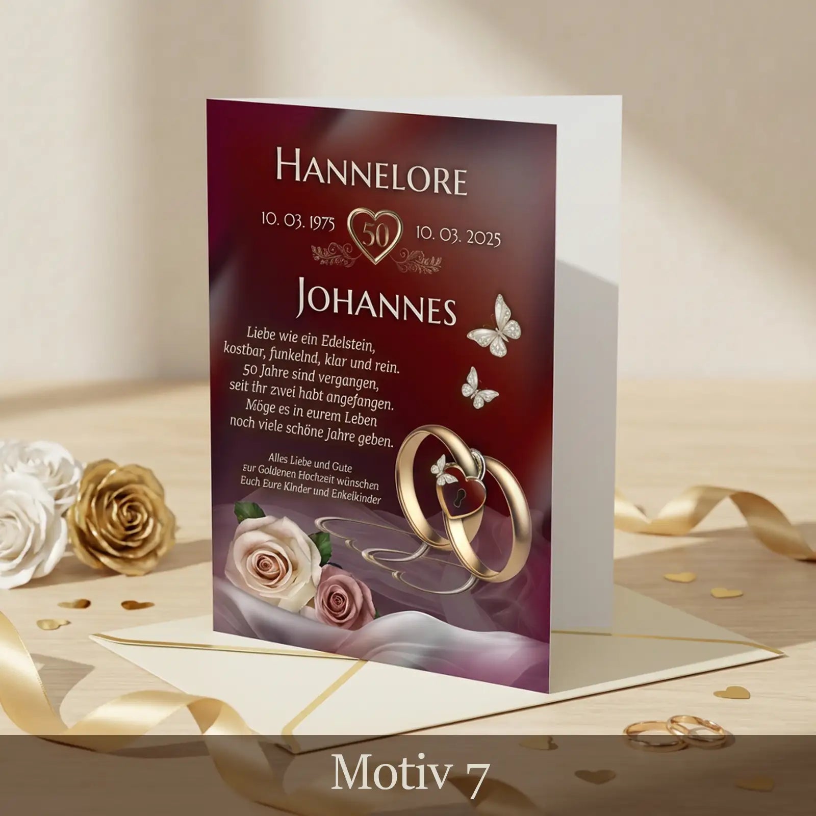 Romantische Klappkarte zur Goldhochzeit mit Rosen, Eheringen, Namen und Datum, Motiv Golden Rose Promise