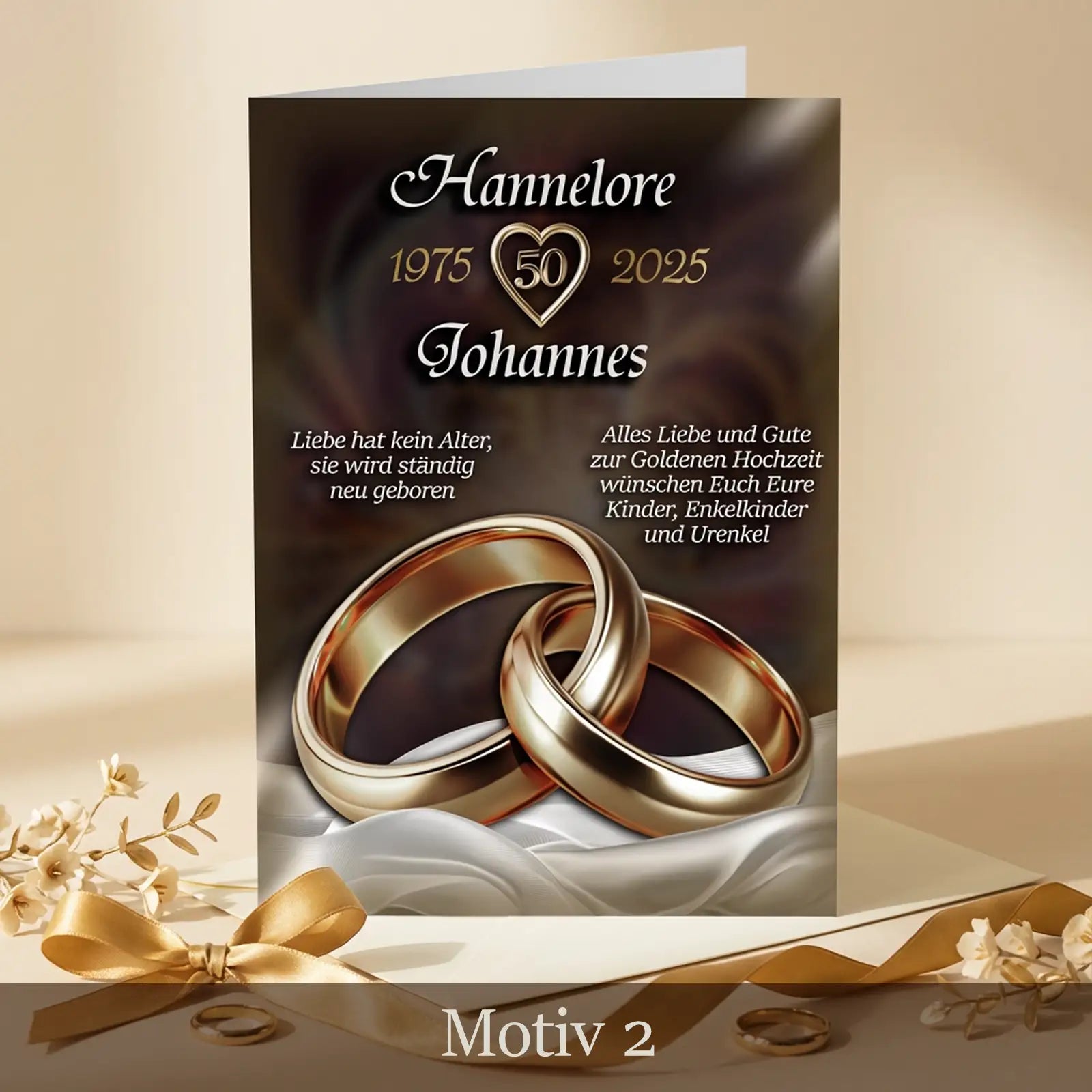 Goldhochzeit Klappkarte mit goldenen Eheringen, Namen und Datum auf hellem Hintergrund, Motiv Eternal Glow