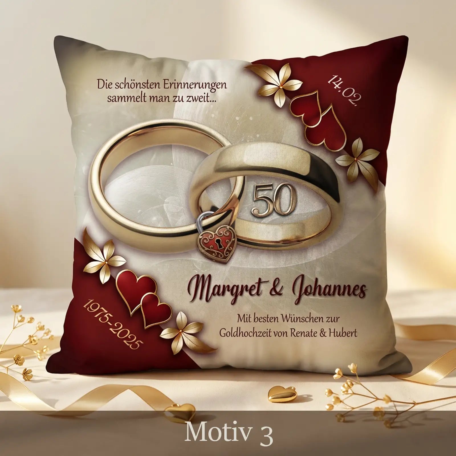Goldhochzeit Kissen mit roten Herzakzenten, Eheringen, Namen und persönlichem Text, Motiv Golden Vows