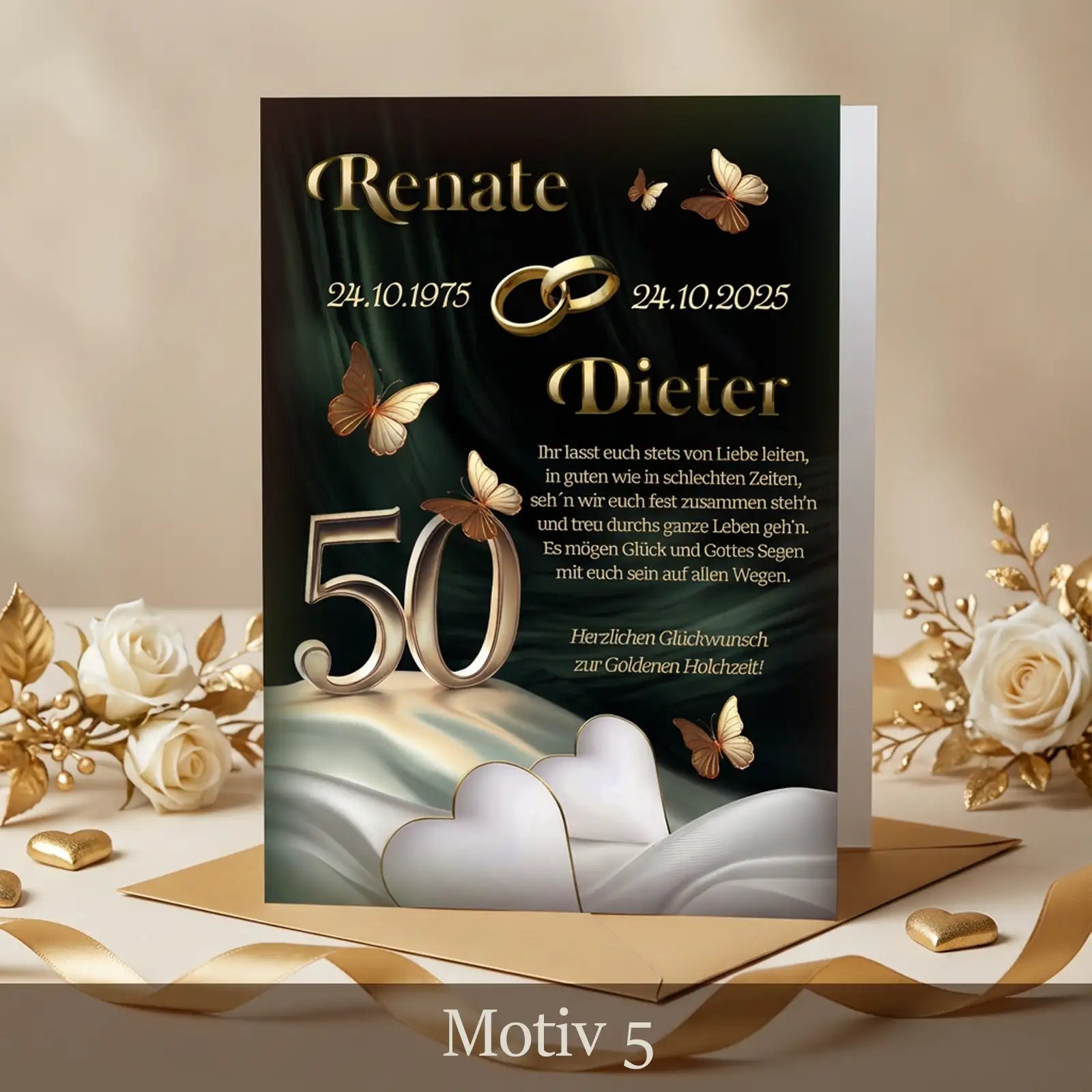 Goldene Hochzeit Klappkarte mit dunklem Hintergrund, goldener 50, Namen und Widmung, Motiv Midnight Gold
