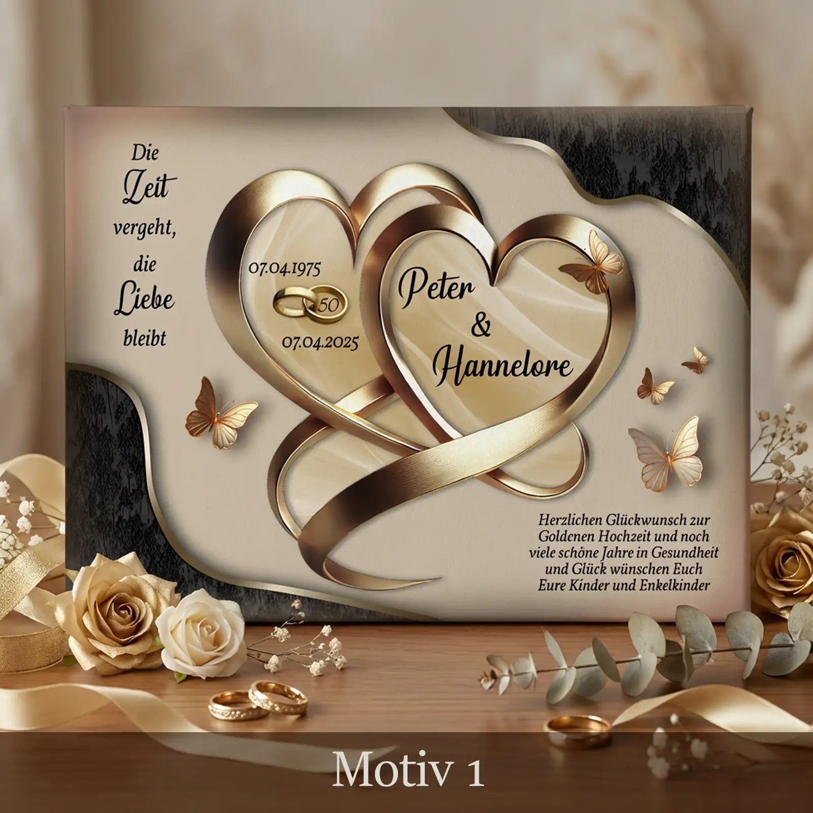 Personalisierte Leinwand zur Goldenen Hochzeit mit goldenen Herzen, Schleifen und Namen, elegantes Motiv auf hellem Hintergrund