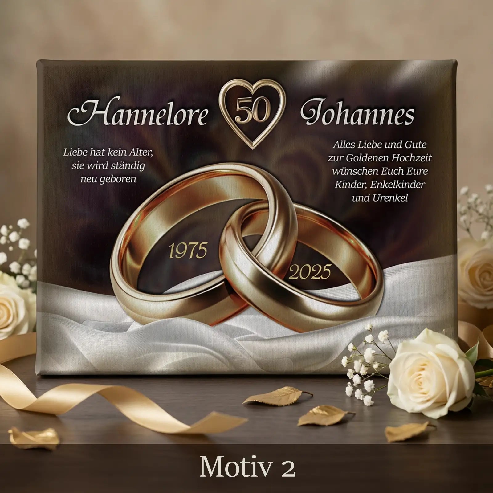 Foto-Leinwand zum 50. Hochzeitstag mit goldenen Ringen, Namen und Datum, edler cremefarbener Hintergrund