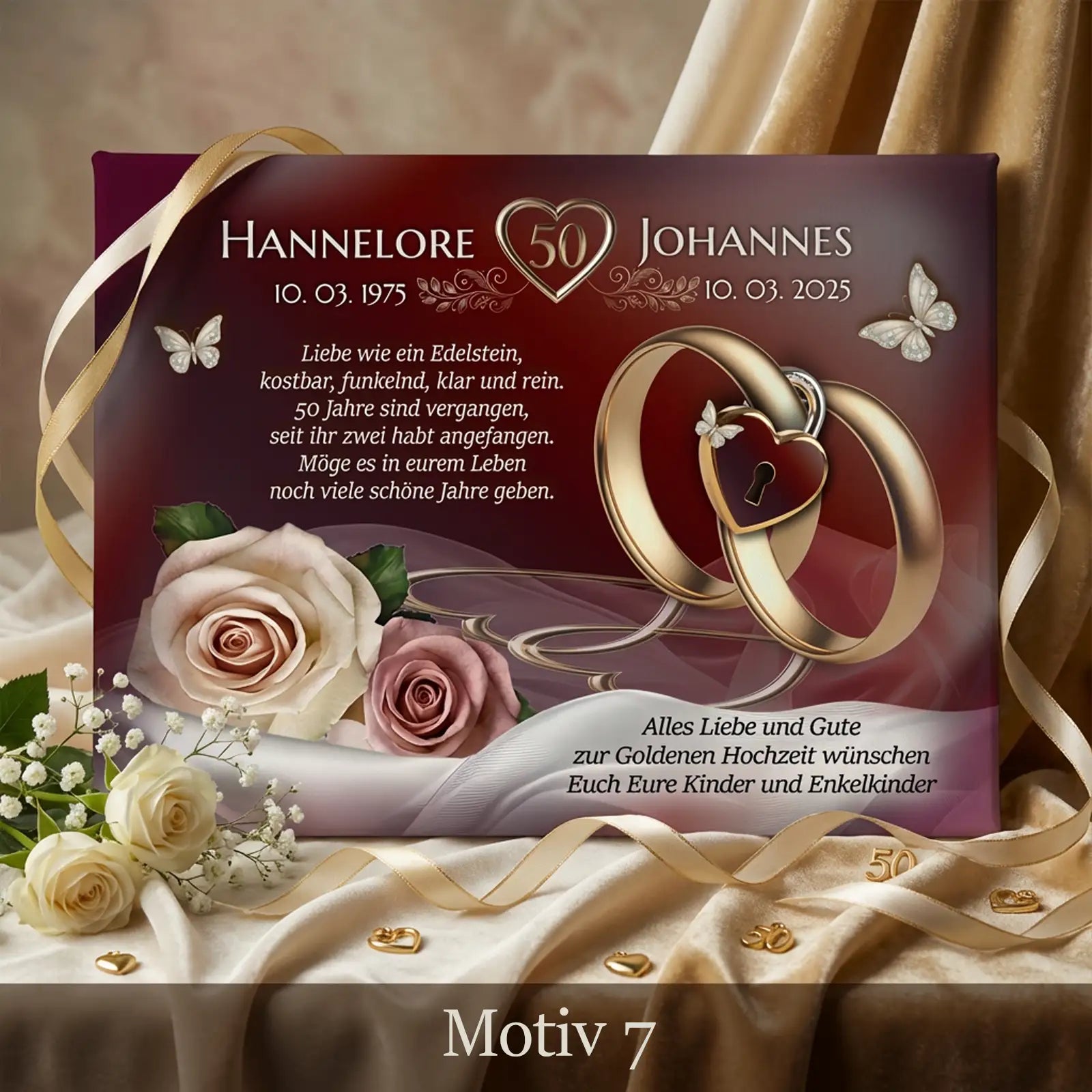 Romantische personalisierte Leinwand zum 50. Hochzeitstag mit Blumen, Ringen, Namen und Datum